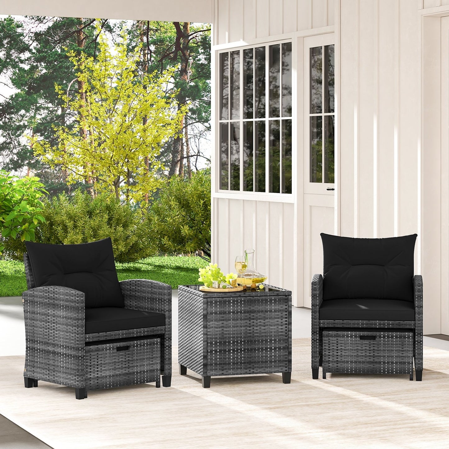 5 Piece Patio Rattan Furniture with 2 Ottomans and Tempered Glass Coffee Table, Black Patio Conversation Sets   at Gallery Canada