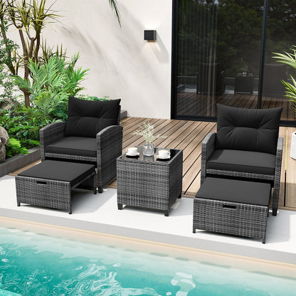 5 Piece Patio Rattan Furniture with 2 Ottomans and Tempered Glass Coffee Table, Black Patio Conversation Sets   at Gallery Canada