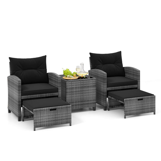 5 Piece Patio Rattan Furniture with 2 Ottomans and Tempered Glass Coffee Table, Black Patio Conversation Sets   at Gallery Canada