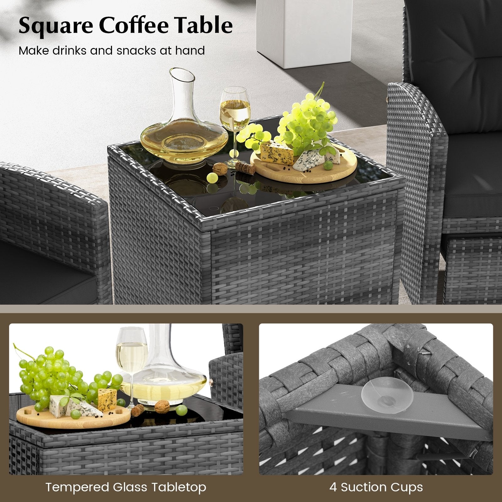 5 Piece Patio Rattan Furniture with 2 Ottomans and Tempered Glass Coffee Table, Black Patio Conversation Sets   at Gallery Canada