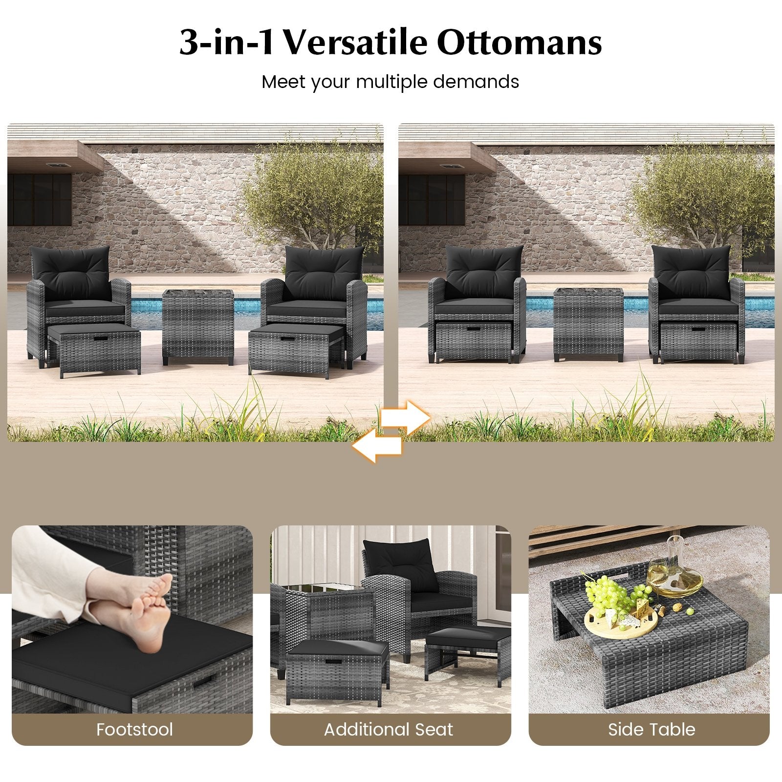 5 Piece Patio Rattan Furniture with 2 Ottomans and Tempered Glass Coffee Table, Black Patio Conversation Sets   at Gallery Canada