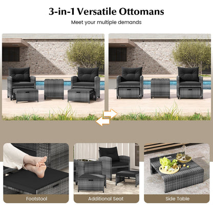 5 Piece Patio Rattan Furniture with 2 Ottomans and Tempered Glass Coffee Table, Black Patio Conversation Sets   at Gallery Canada