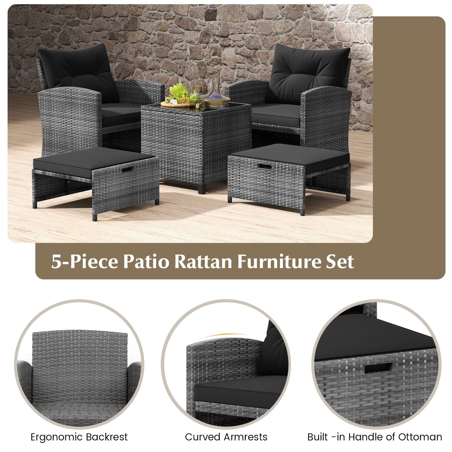 5 Piece Patio Rattan Furniture with 2 Ottomans and Tempered Glass Coffee Table, Black Patio Conversation Sets   at Gallery Canada