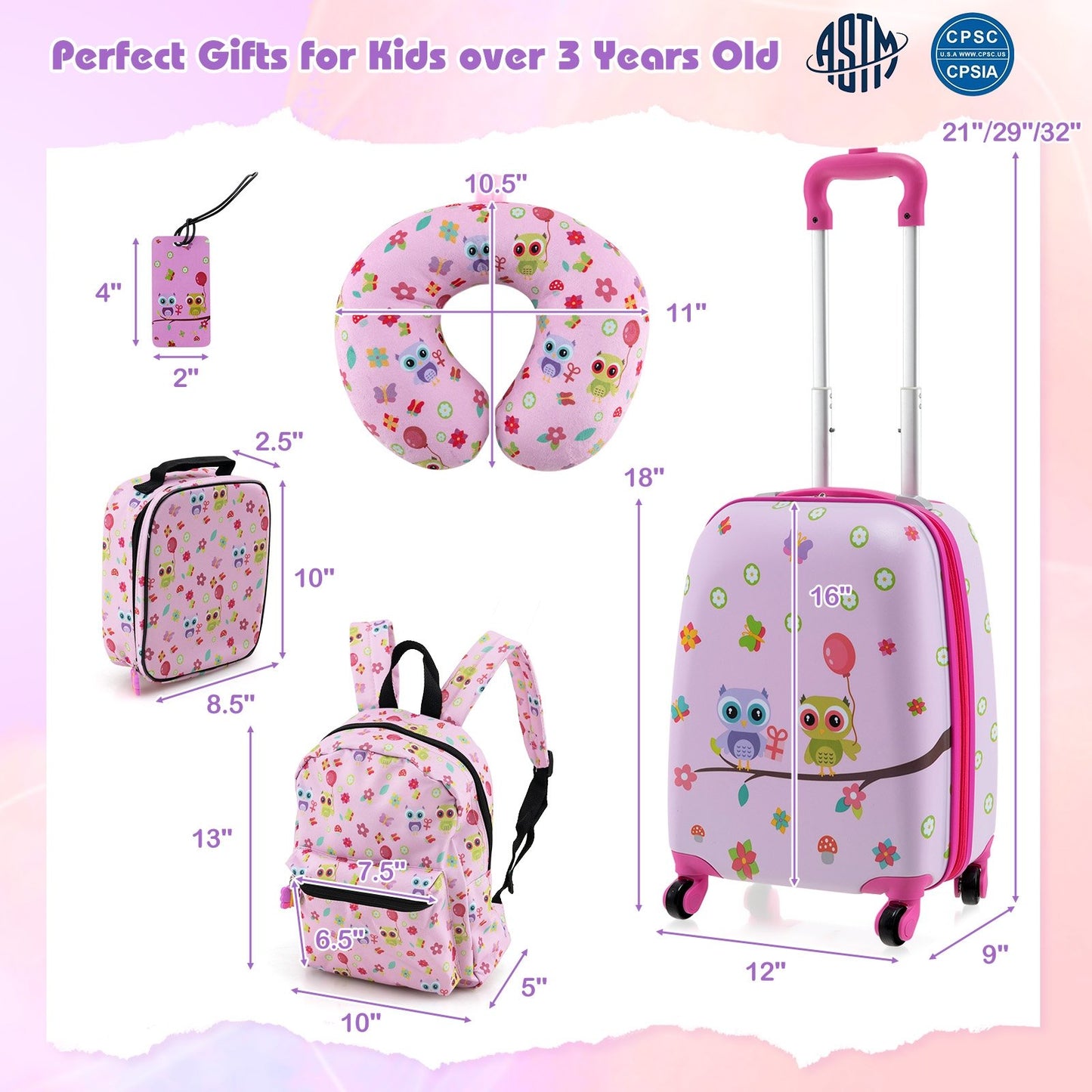 5 Piece Kids Luggage Set with Backpack  Neck Pillow  Name Tag  Lunch Bag, Pink Kids Luggage   at Gallery Canada