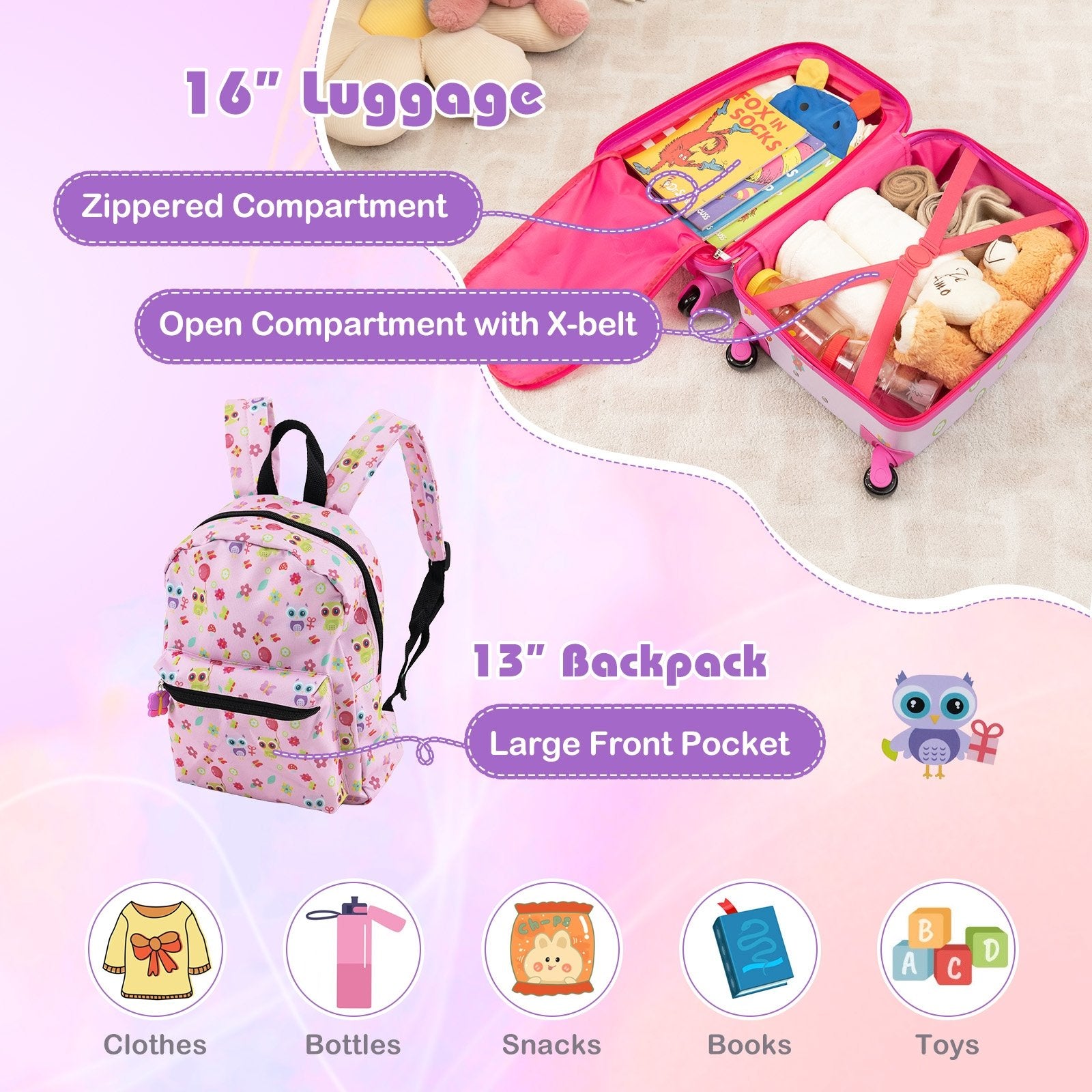 5 Piece Kids Luggage Set with Backpack  Neck Pillow  Name Tag  Lunch Bag, Pink Kids Luggage   at Gallery Canada