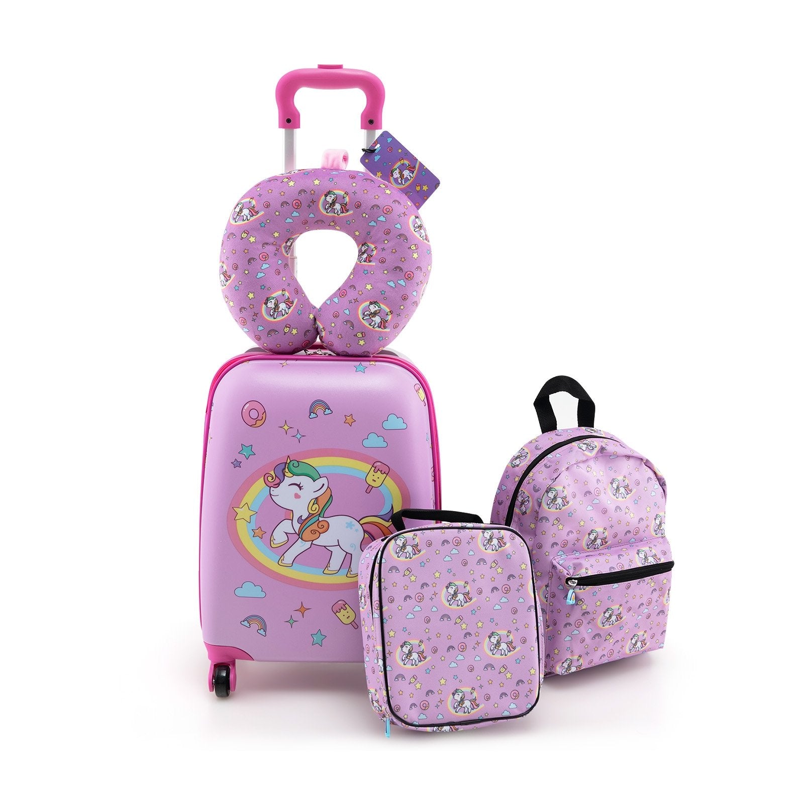 5 Piece Kids Luggage Set with Backpack  Neck Pillow  Name Tag  Lunch Bag-Hot Pink, Purple Kids Luggage   at Gallery Canada