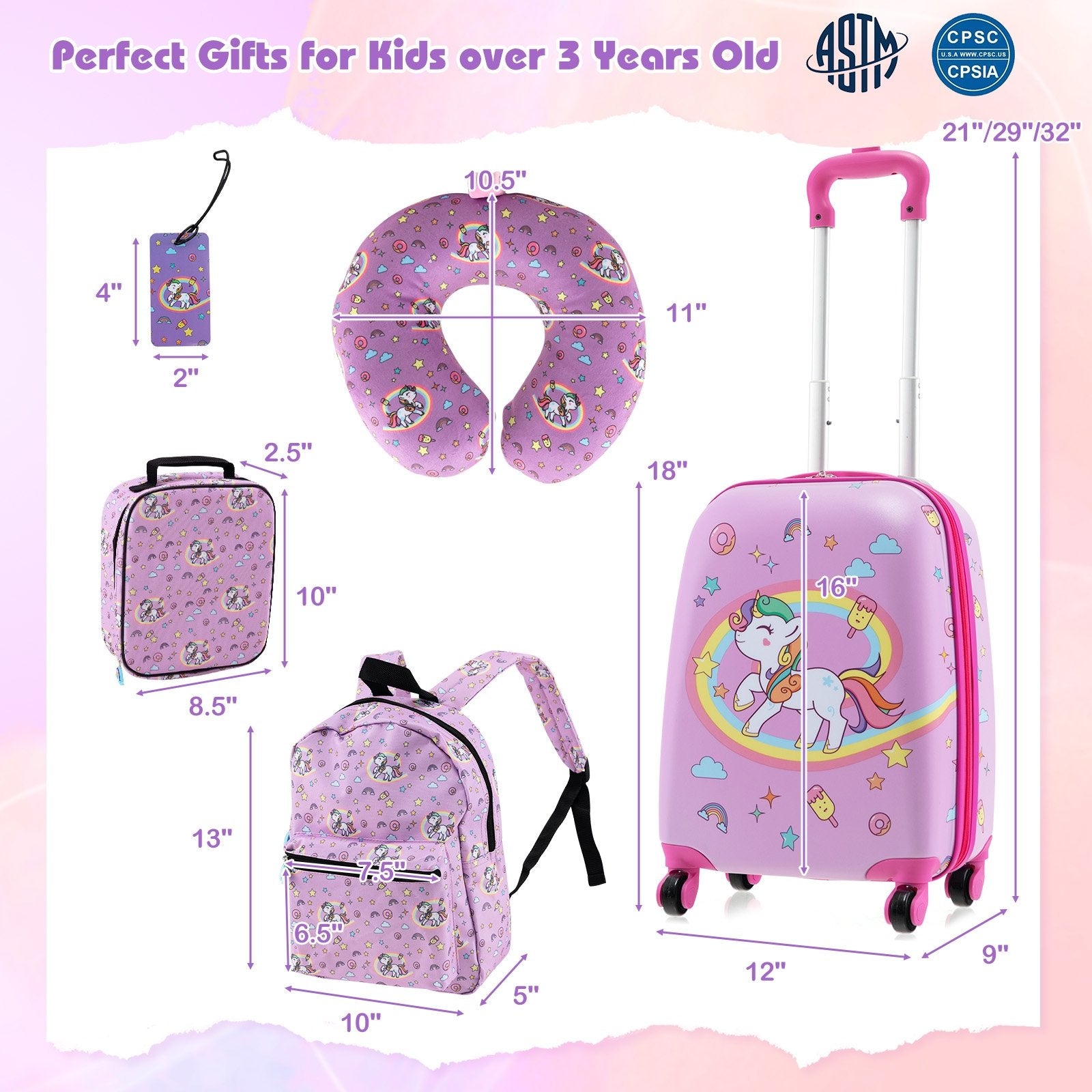 5 Piece Kids Luggage Set with Backpack  Neck Pillow  Name Tag  Lunch Bag-Hot Pink, Purple Kids Luggage   at Gallery Canada