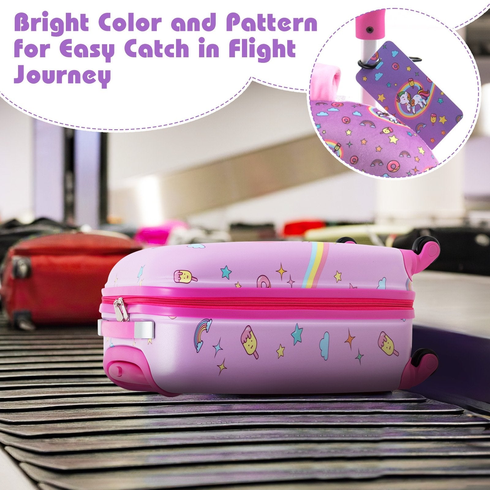 5 Piece Kids Luggage Set with Backpack  Neck Pillow  Name Tag  Lunch Bag-Hot Pink, Purple Kids Luggage   at Gallery Canada