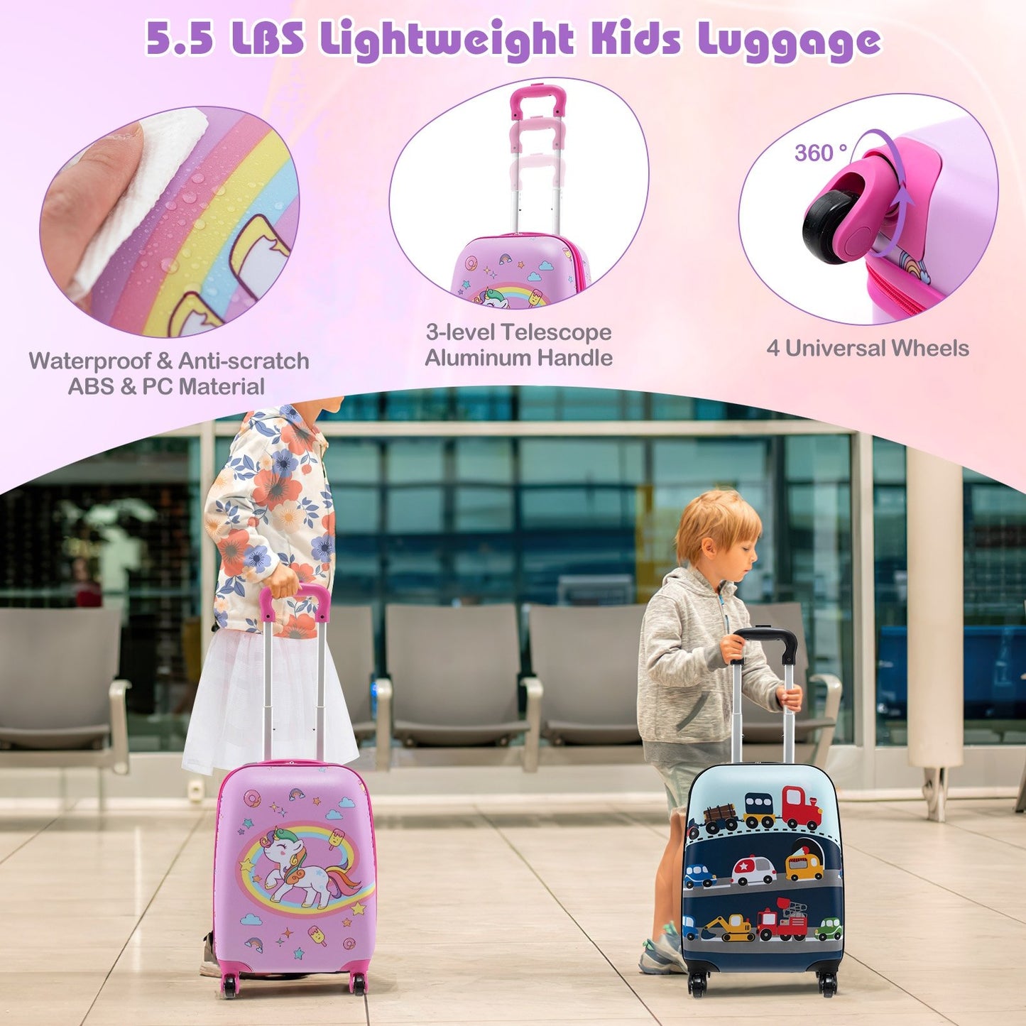 5 Piece Kids Luggage Set with Backpack  Neck Pillow  Name Tag  Lunch Bag-Hot Pink, Purple Kids Luggage   at Gallery Canada