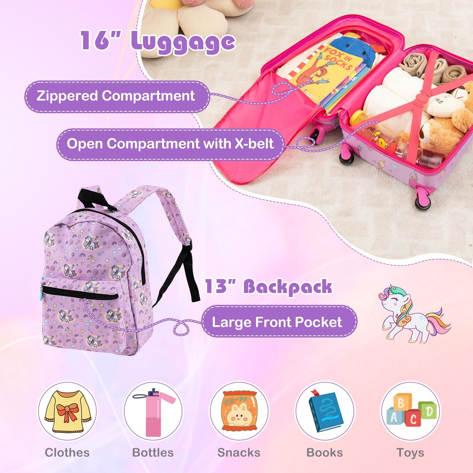 5 Piece Kids Luggage Set with Backpack  Neck Pillow  Name Tag  Lunch Bag-Hot Pink, Purple Kids Luggage   at Gallery Canada