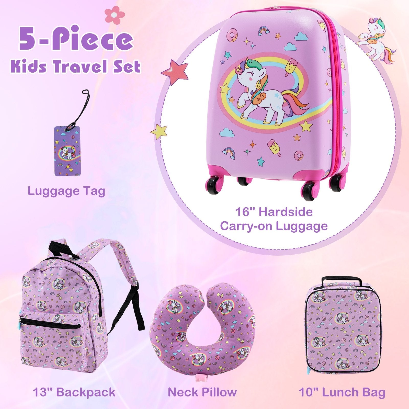 5 Piece Kids Luggage Set with Backpack  Neck Pillow  Name Tag  Lunch Bag-Hot Pink, Purple Kids Luggage   at Gallery Canada