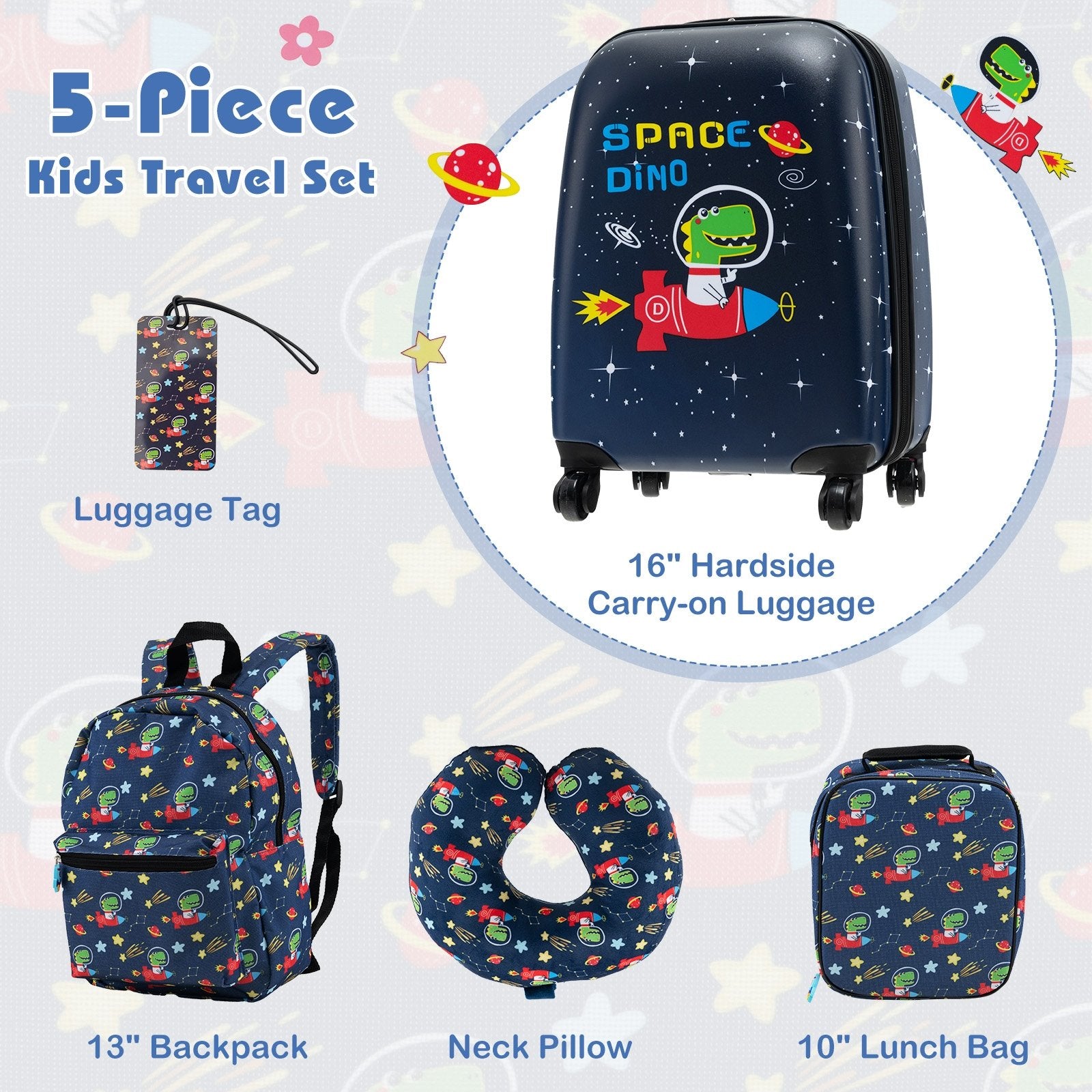 5 Piece Kids Luggage Set with Backpack  Neck Pillow  Name Tag  Lunch Bag, Dark Blue Kids Luggage   at Gallery Canada