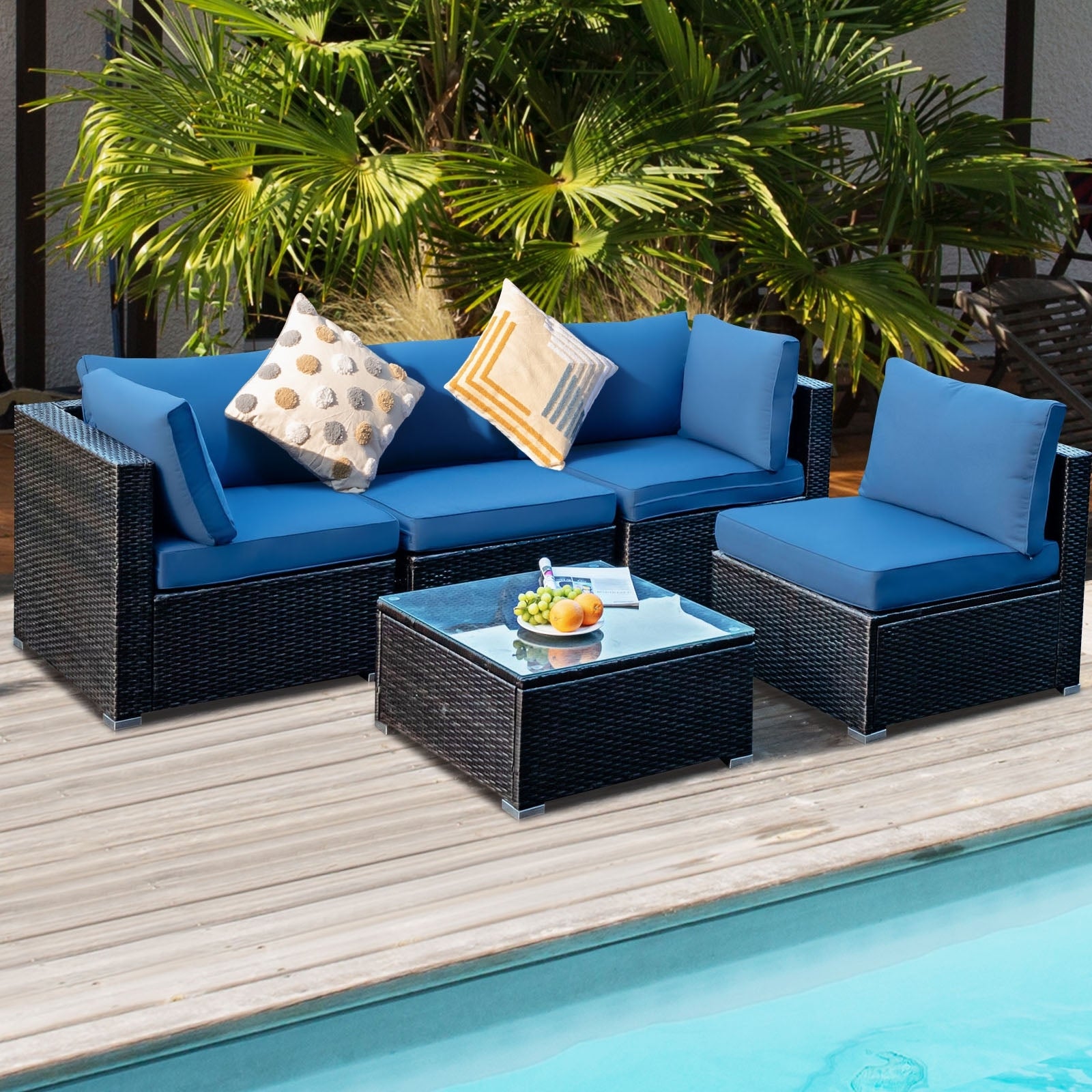 5 Pieces Cushioned Patio Rattan Furniture Set with Glass Table, Navy Outdoor Sectionals   at Gallery Canada