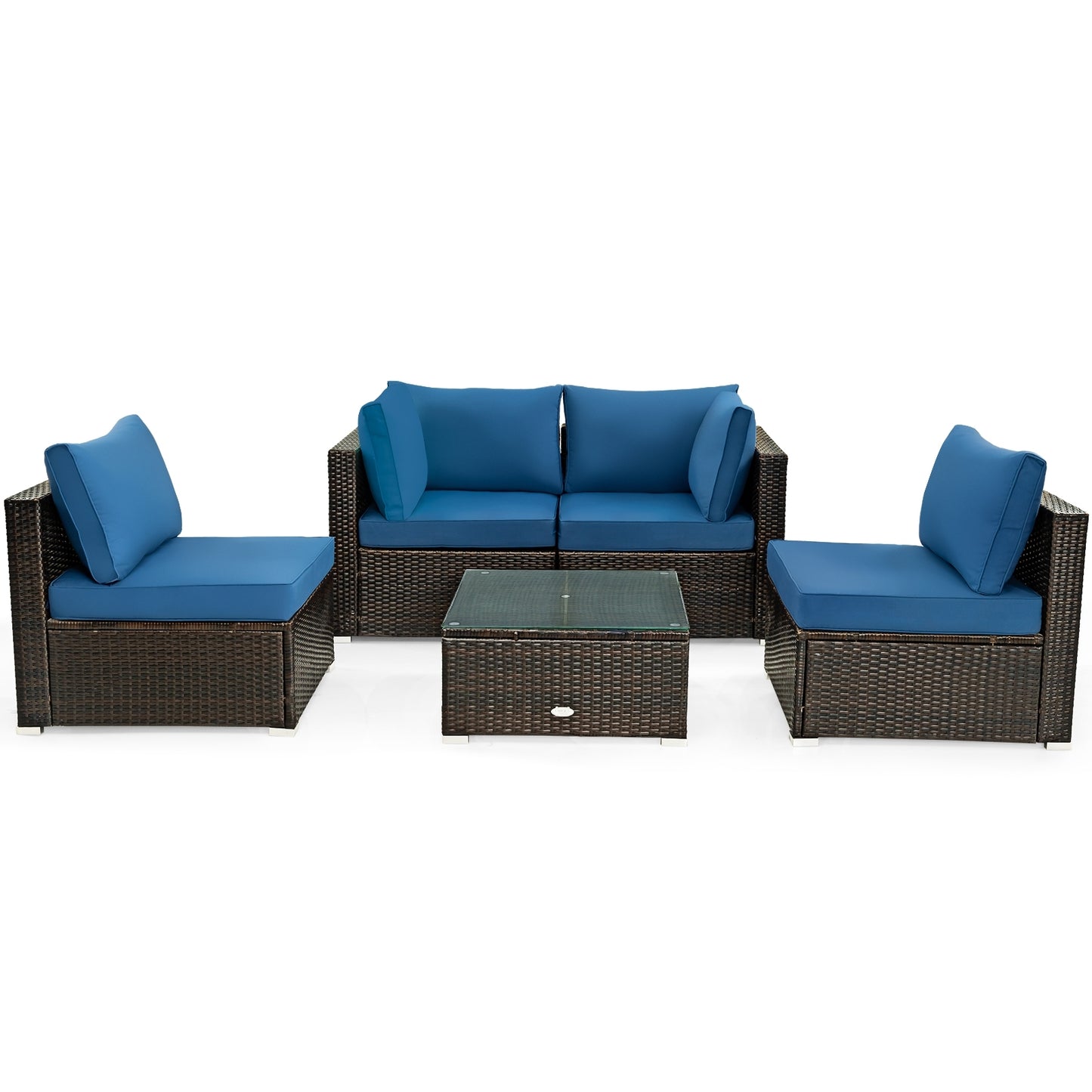 5 Pieces Cushioned Patio Rattan Furniture Set with Glass Table, Navy Outdoor Sectionals Navy  at Gallery Canada