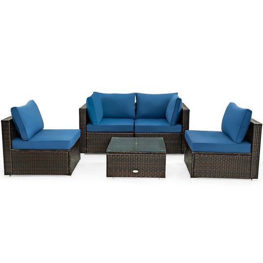 5 Pieces Cushioned Patio Rattan Furniture Set with Glass Table, Navy - Gallery Canada