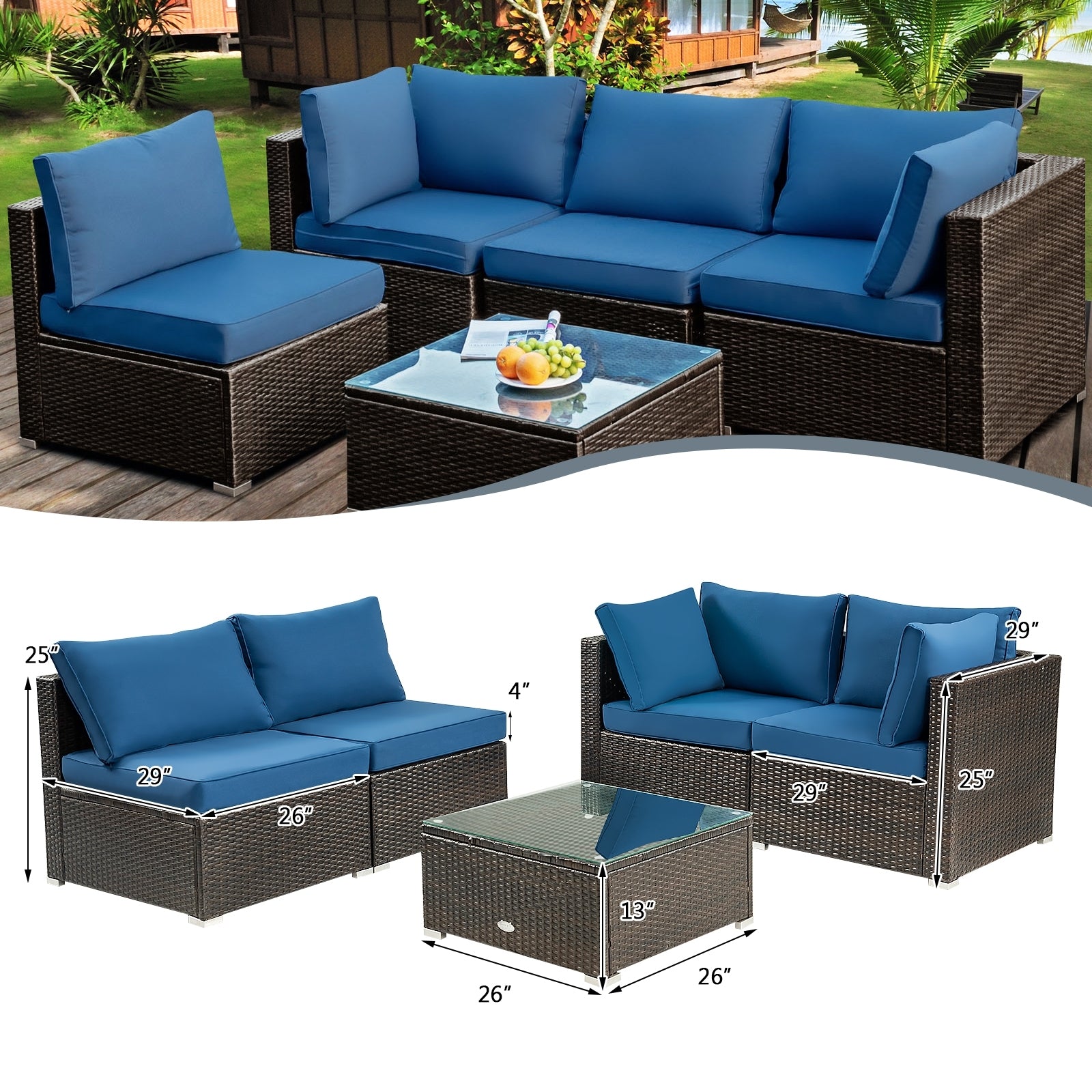 5 Pieces Cushioned Patio Rattan Furniture Set with Glass Table, Navy Outdoor Sectionals   at Gallery Canada