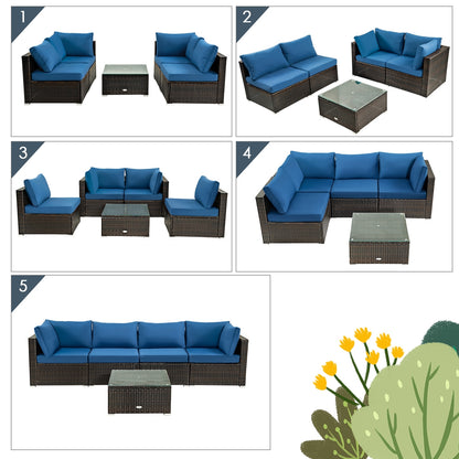 5 Pieces Cushioned Patio Rattan Furniture Set with Glass Table, Navy Outdoor Sectionals   at Gallery Canada