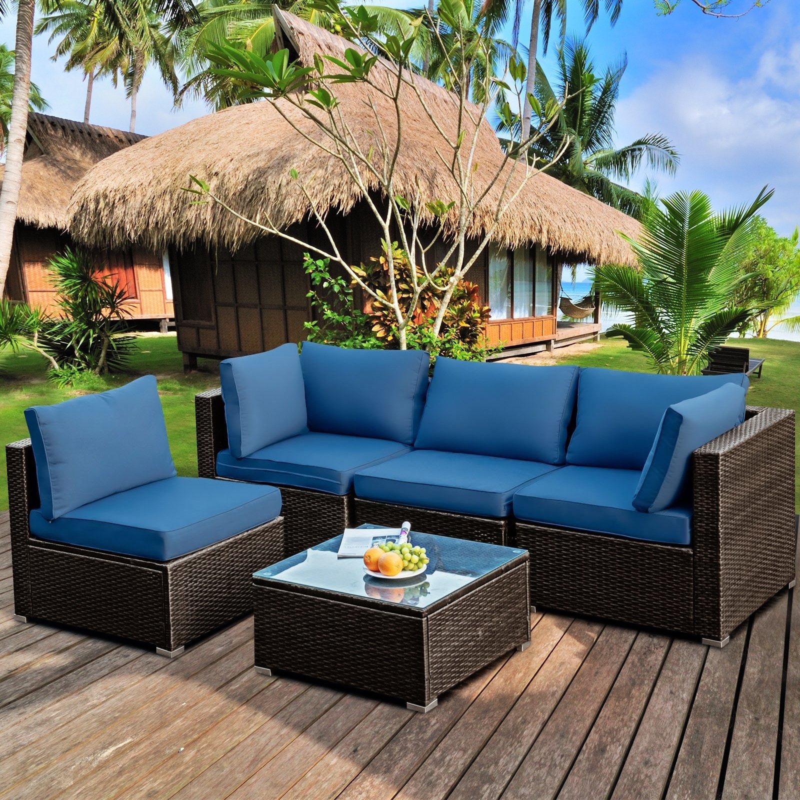 5 Pieces Cushioned Patio Rattan Furniture Set with Glass Table, Navy - Gallery Canada