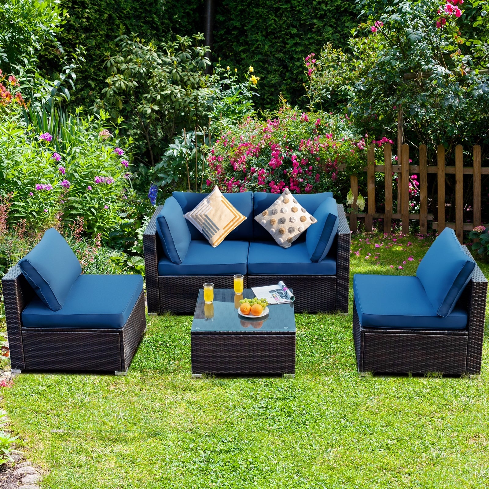 5 Pieces Cushioned Patio Rattan Furniture Set with Glass Table, Navy Outdoor Sectionals   at Gallery Canada