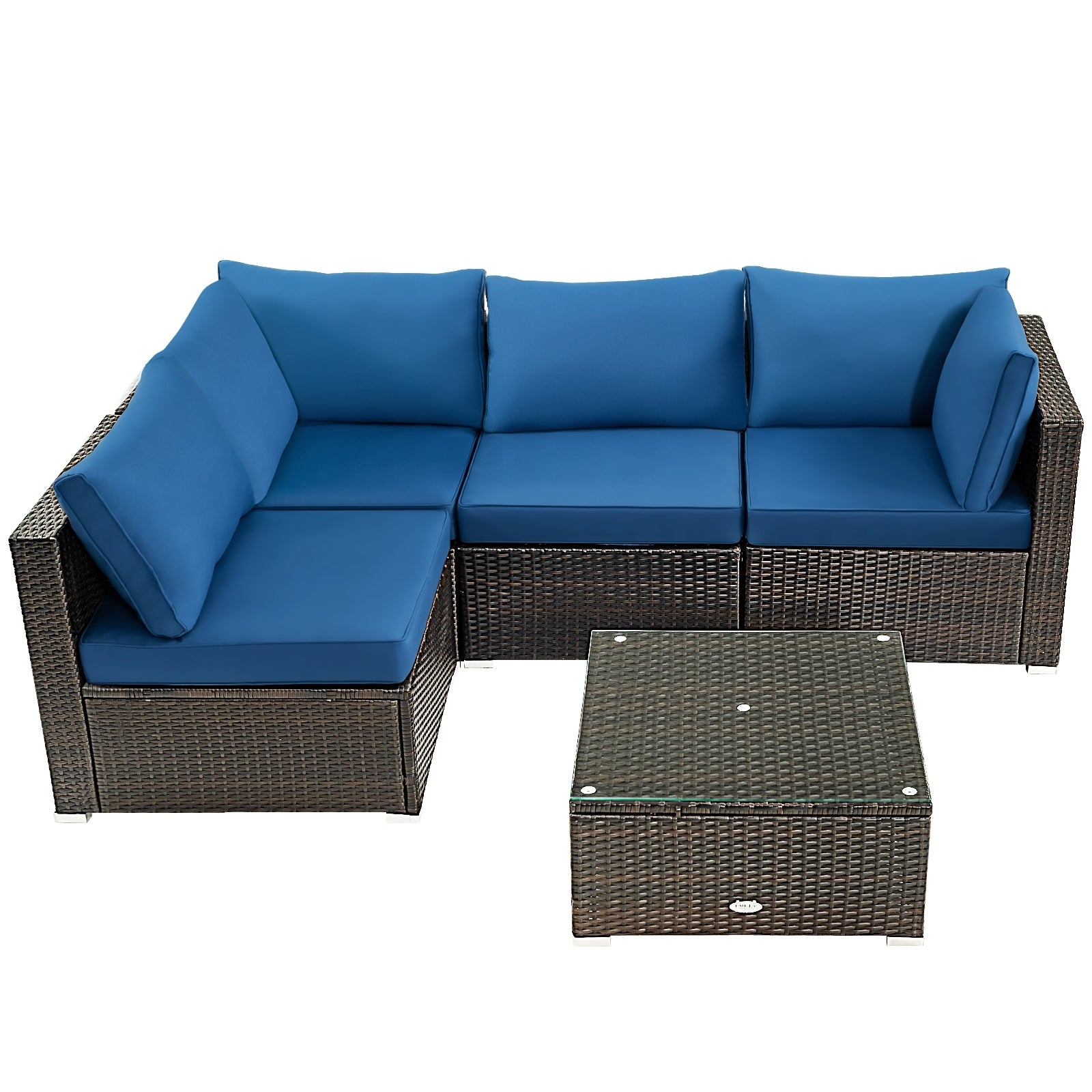 5 Pieces Cushioned Patio Rattan Furniture Set with Glass Table, Navy Outdoor Sectionals   at Gallery Canada