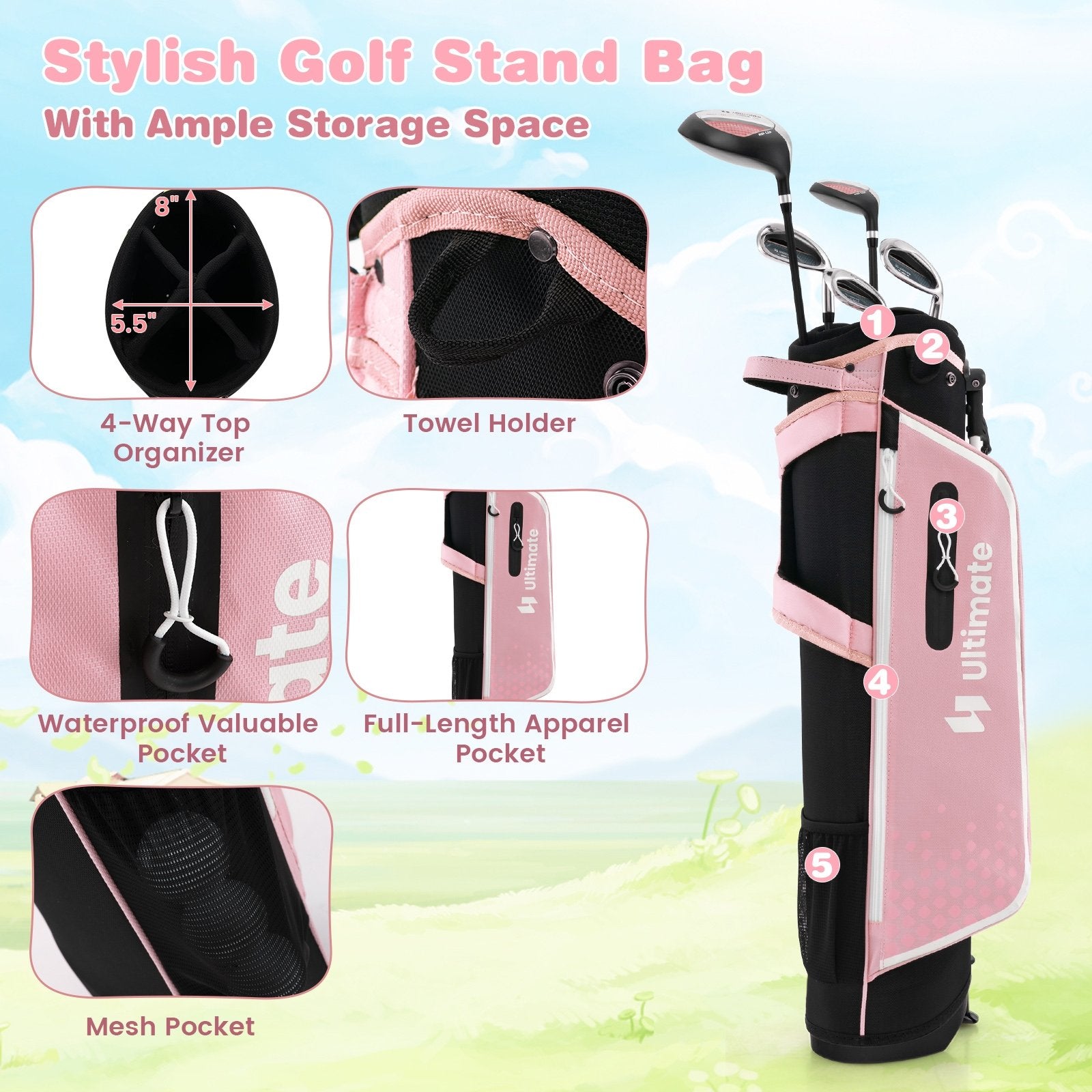 Junior Complete Golf Club Set with Stand Bag Rain Hood, Pink Golf   at Gallery Canada