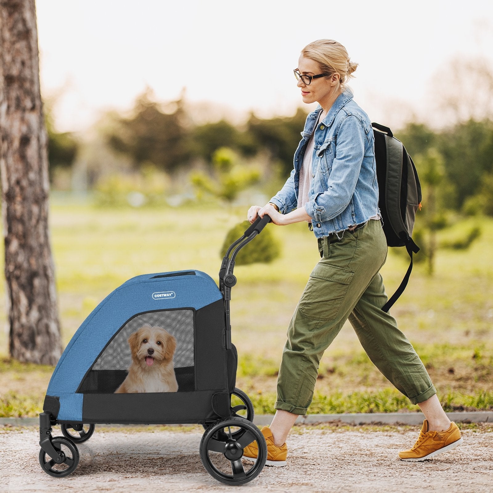 4 Wheels Extra Large Dog Stroller Foldable Pet Stroller with Dual Entry, Blue Dog Supplies   at Gallery Canada