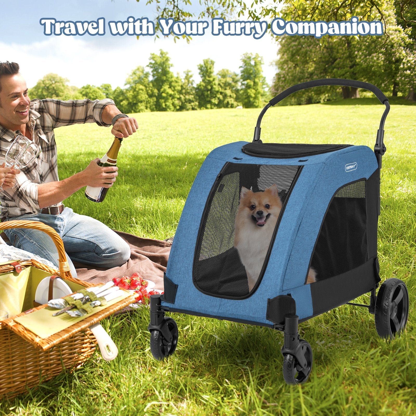 4 Wheels Extra Large Dog Stroller Foldable Pet Stroller with Dual Entry, Blue Dog Supplies   at Gallery Canada