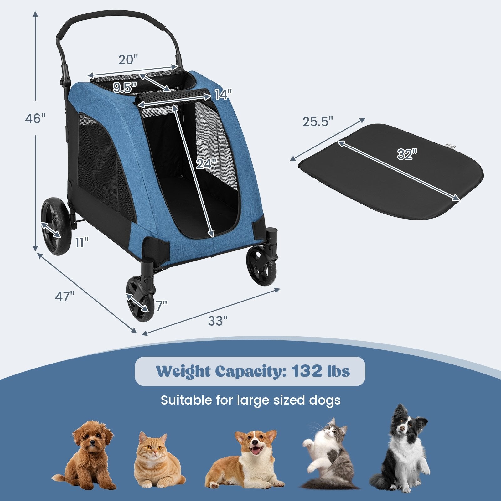 4 Wheels Extra Large Dog Stroller Foldable Pet Stroller with Dual Entry, Blue Dog Supplies   at Gallery Canada