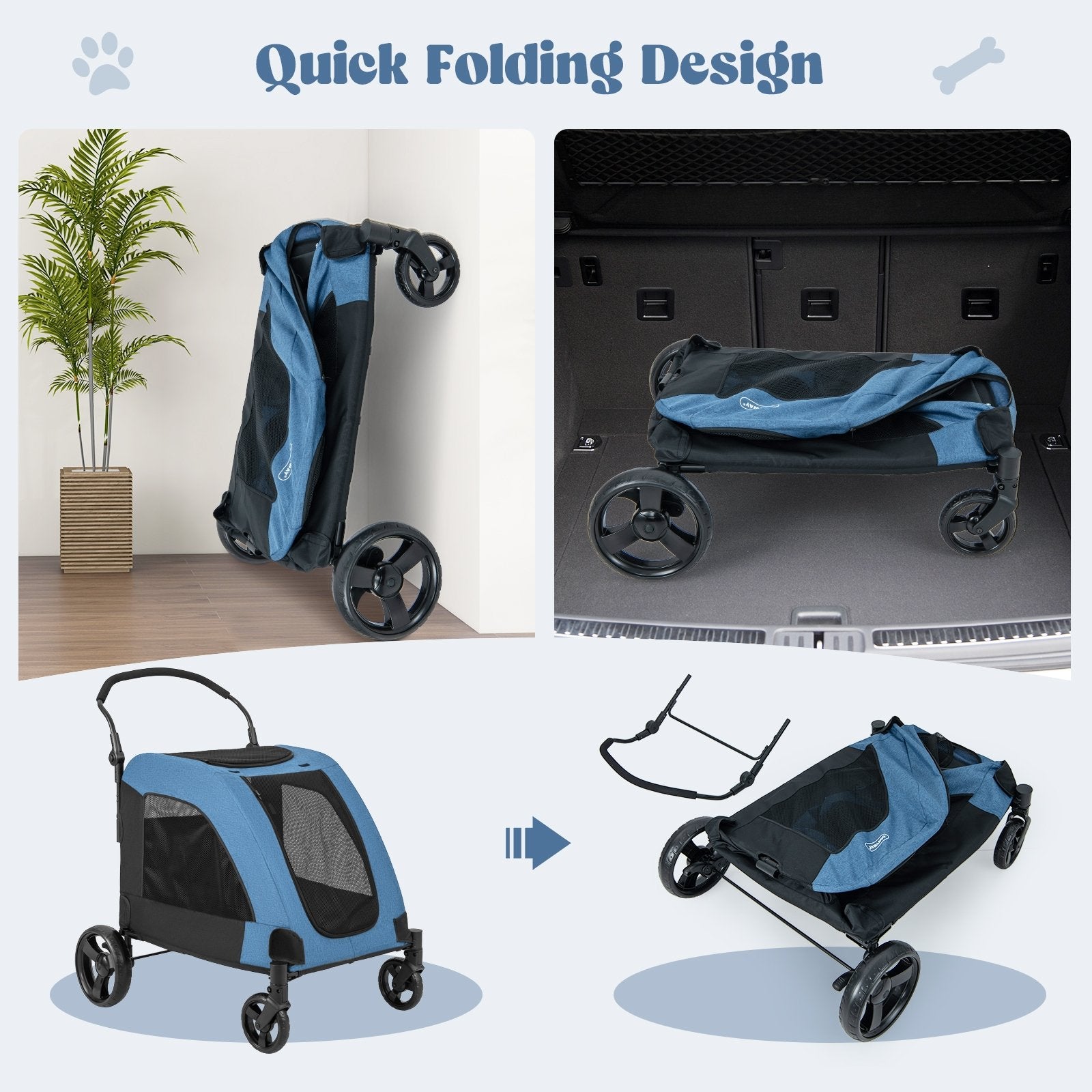 4 Wheels Extra Large Dog Stroller Foldable Pet Stroller with Dual Entry, Blue Dog Supplies   at Gallery Canada