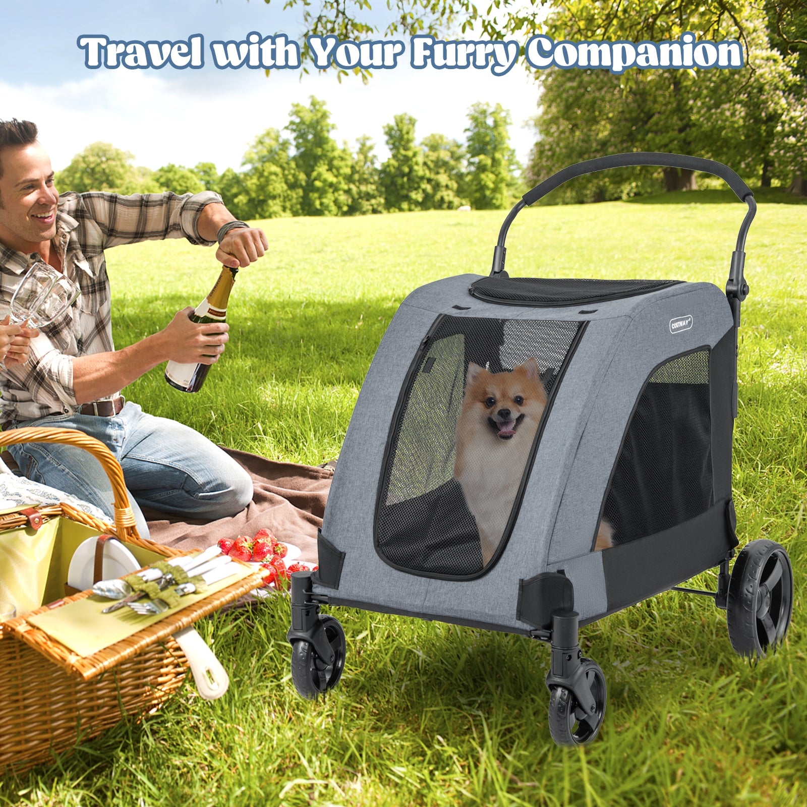 4 Wheels Extra Large Dog Stroller Foldable Pet Stroller with Dual Entry, Gray Dog Supplies at Gallery Canada