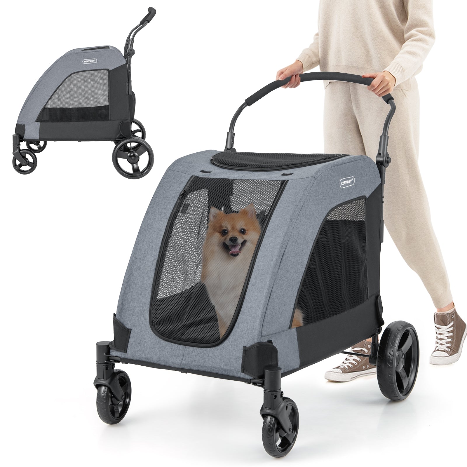 4 Wheels Extra Large Dog Stroller Foldable Pet Stroller with Dual Entry, Gray Dog Supplies at Gallery Canada