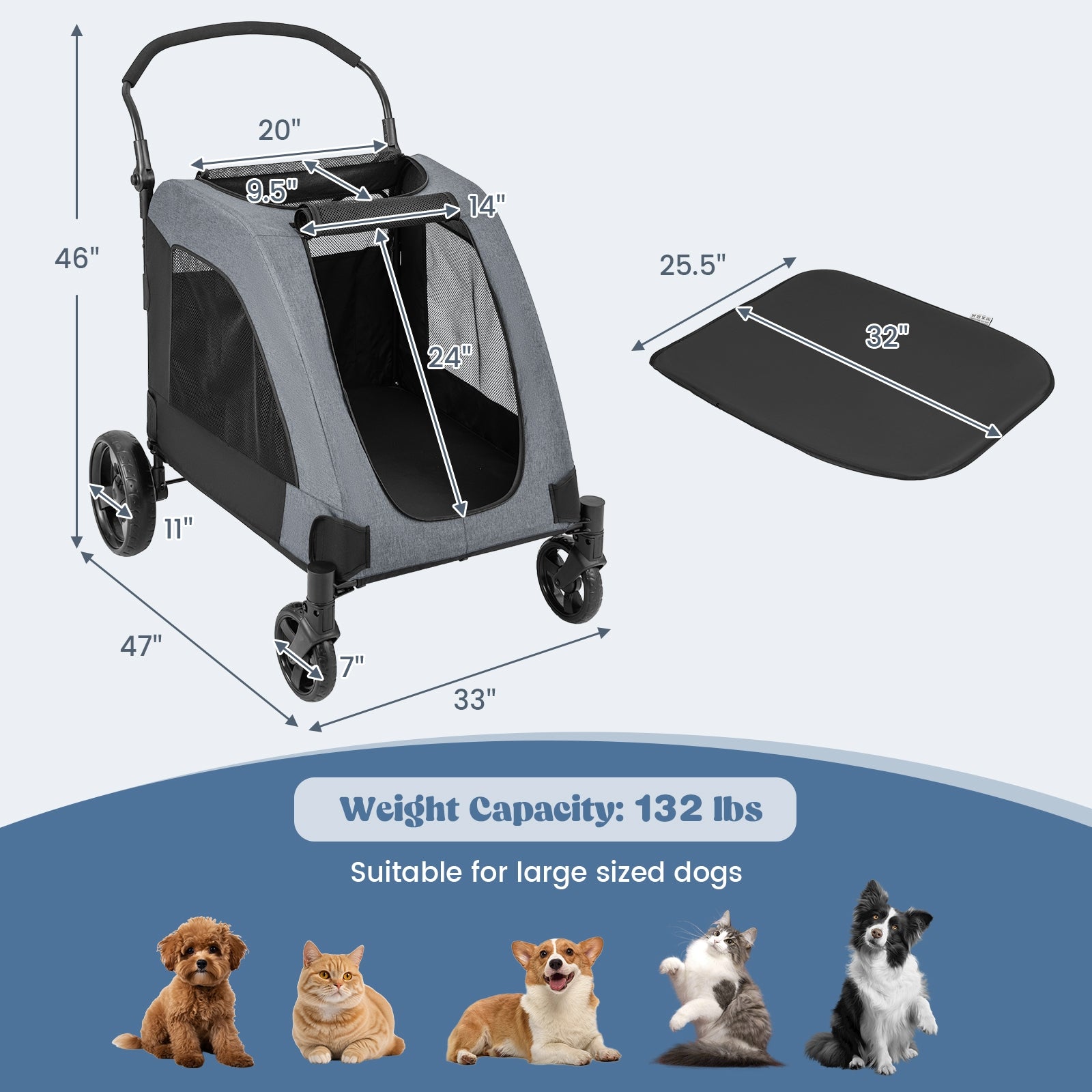 4 Wheels Extra Large Dog Stroller Foldable Pet Stroller with Dual Entry, Gray Dog Supplies at Gallery Canada