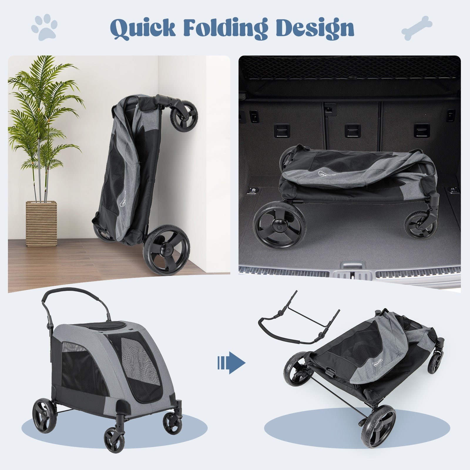 4 Wheels Extra Large Dog Stroller Foldable Pet Stroller with Dual Entry, Gray Dog Supplies at Gallery Canada