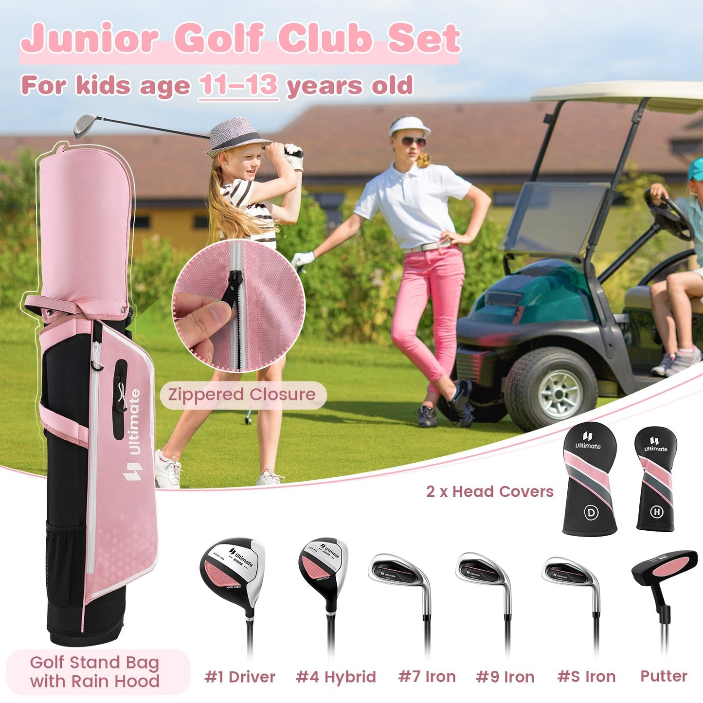 Junior Complete Golf Club Set with Stand Bag Rain Hood, Pink Golf   at Gallery Canada