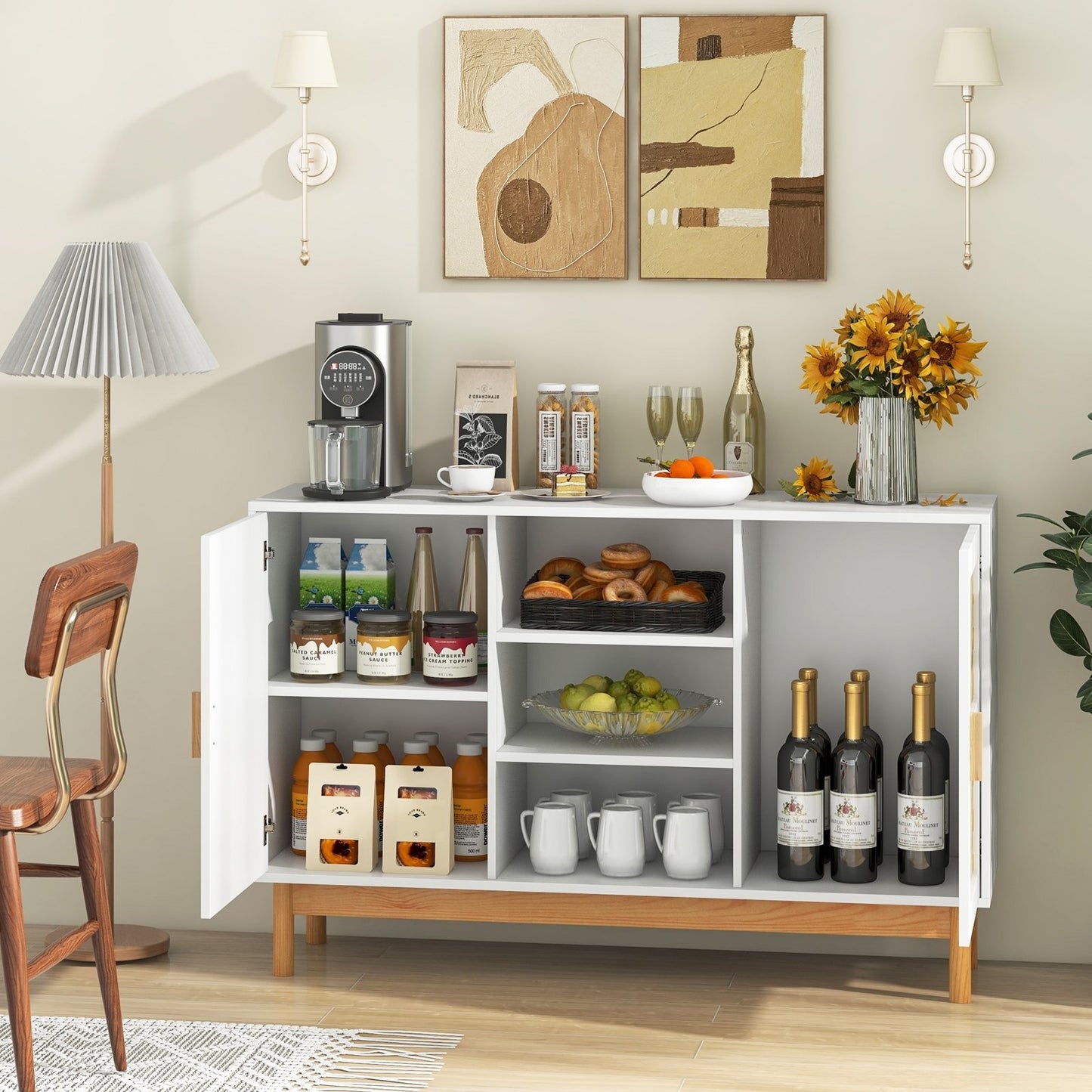 48 Inch Sideboard Buffet Cabinet Floor Storage Cabinet with 2 Bamboo Woven Doors, White Sideboards Cabinets & Buffets   at Gallery Canada