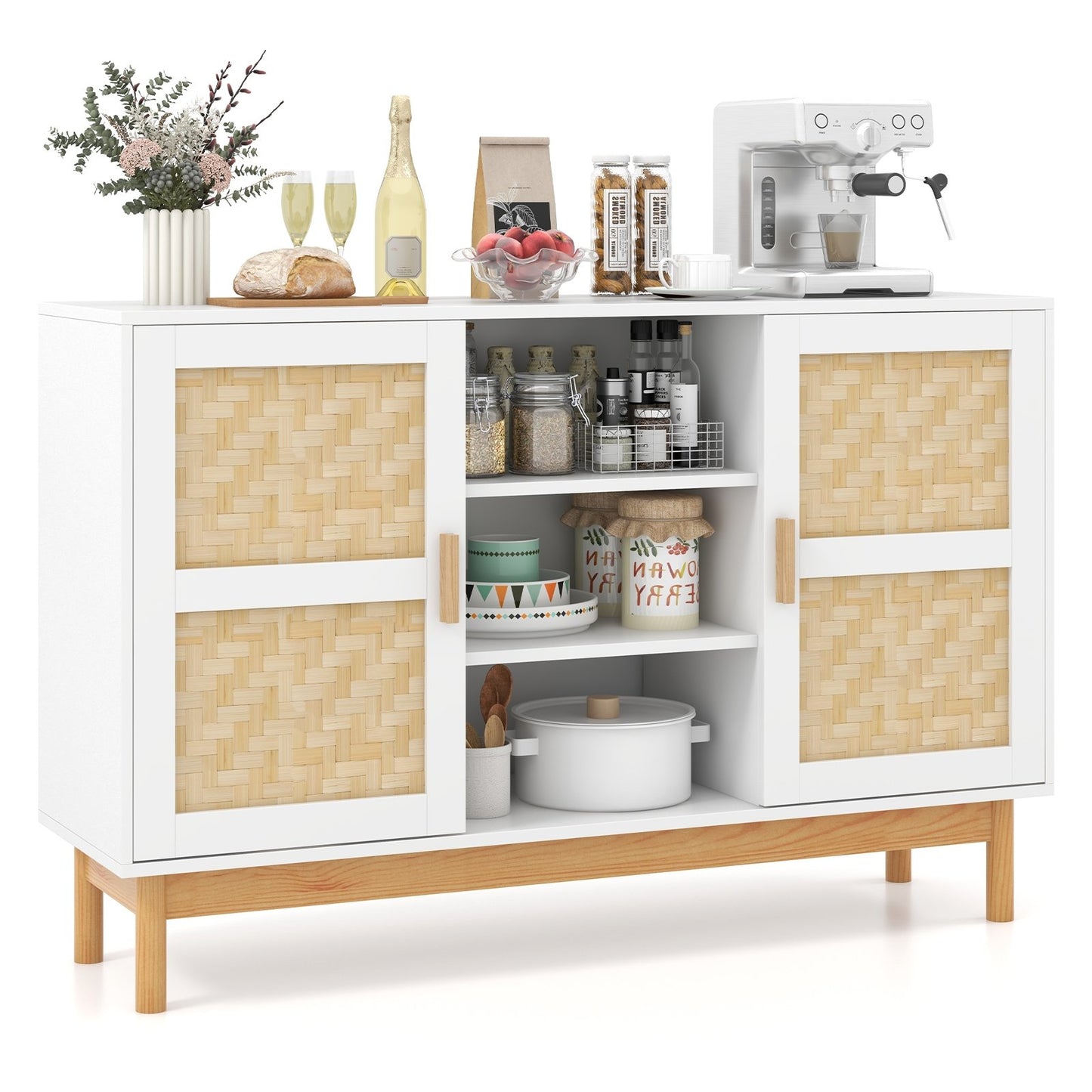 48 Inch Sideboard Buffet Cabinet Floor Storage Cabinet with 2 Bamboo Woven Doors, White Sideboards Cabinets & Buffets   at Gallery Canada
