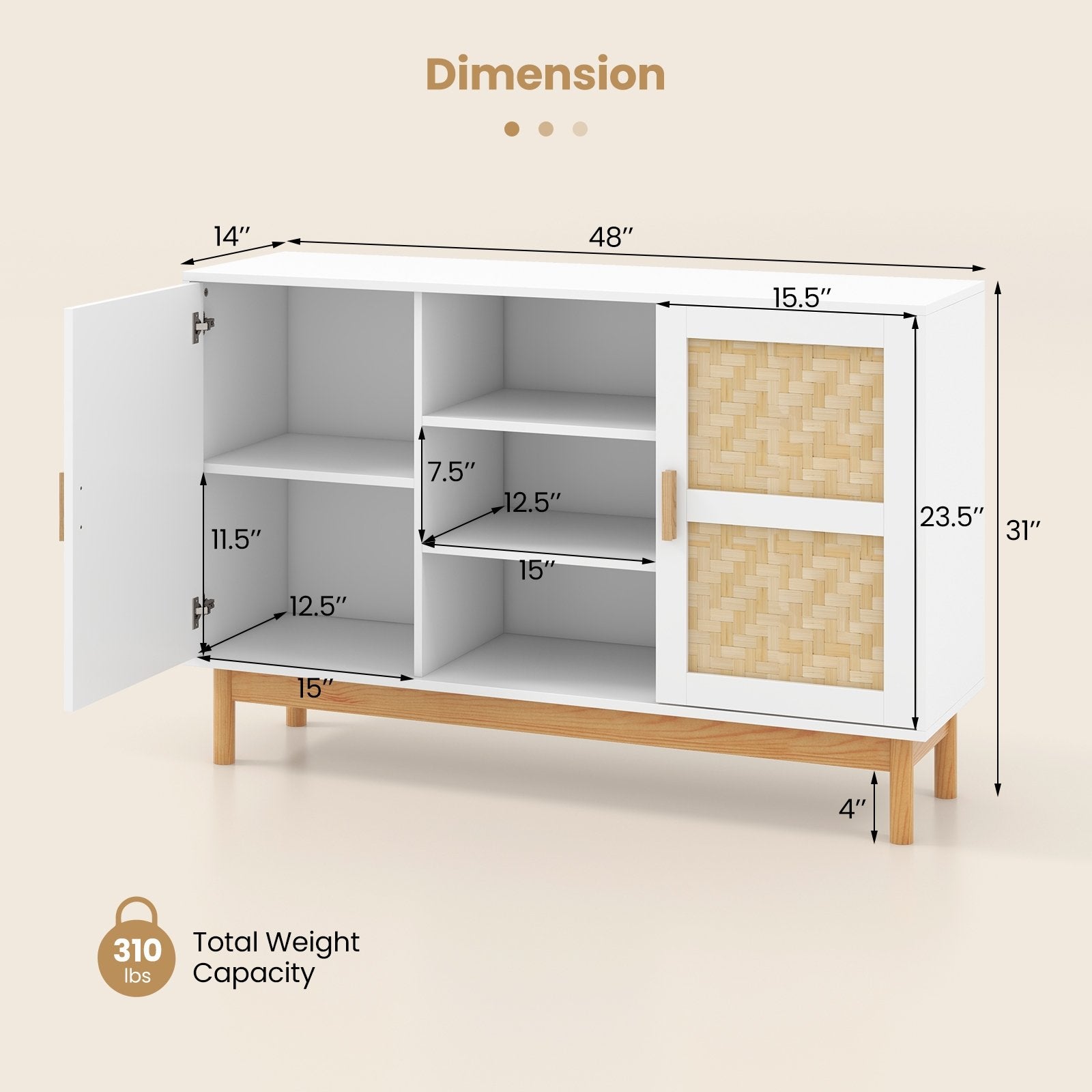 48 Inch Sideboard Buffet Cabinet Floor Storage Cabinet with 2 Bamboo Woven Doors, White Sideboards Cabinets & Buffets   at Gallery Canada