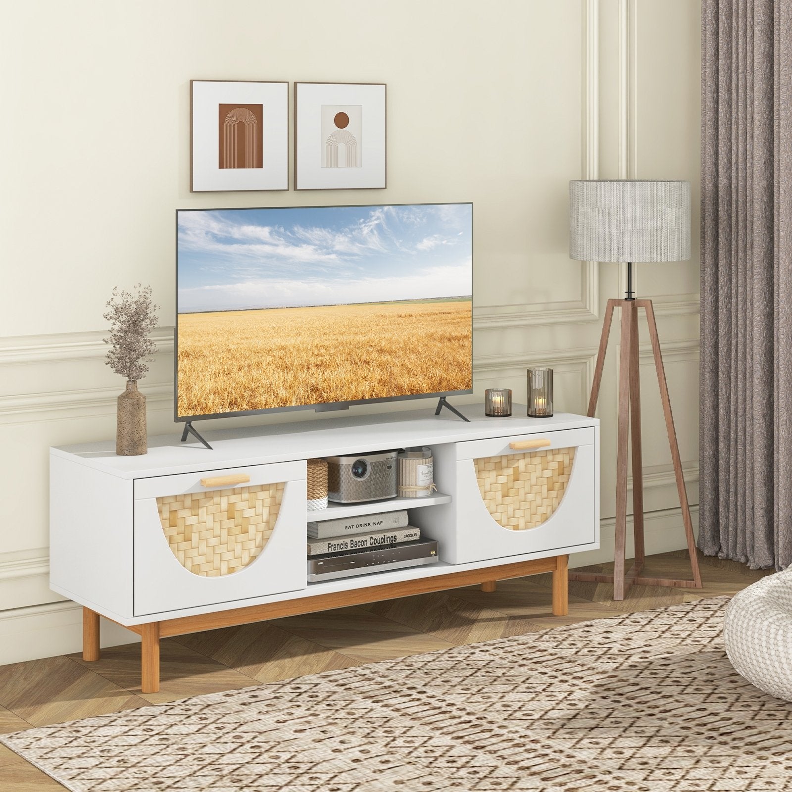 Mid Century Modern TV Stand Entertainment Center for 55-Inch TV with 2 Drawers and Bamboo Woven Fronts, White Entertainment Centers & TV Stands   at Gallery Canada