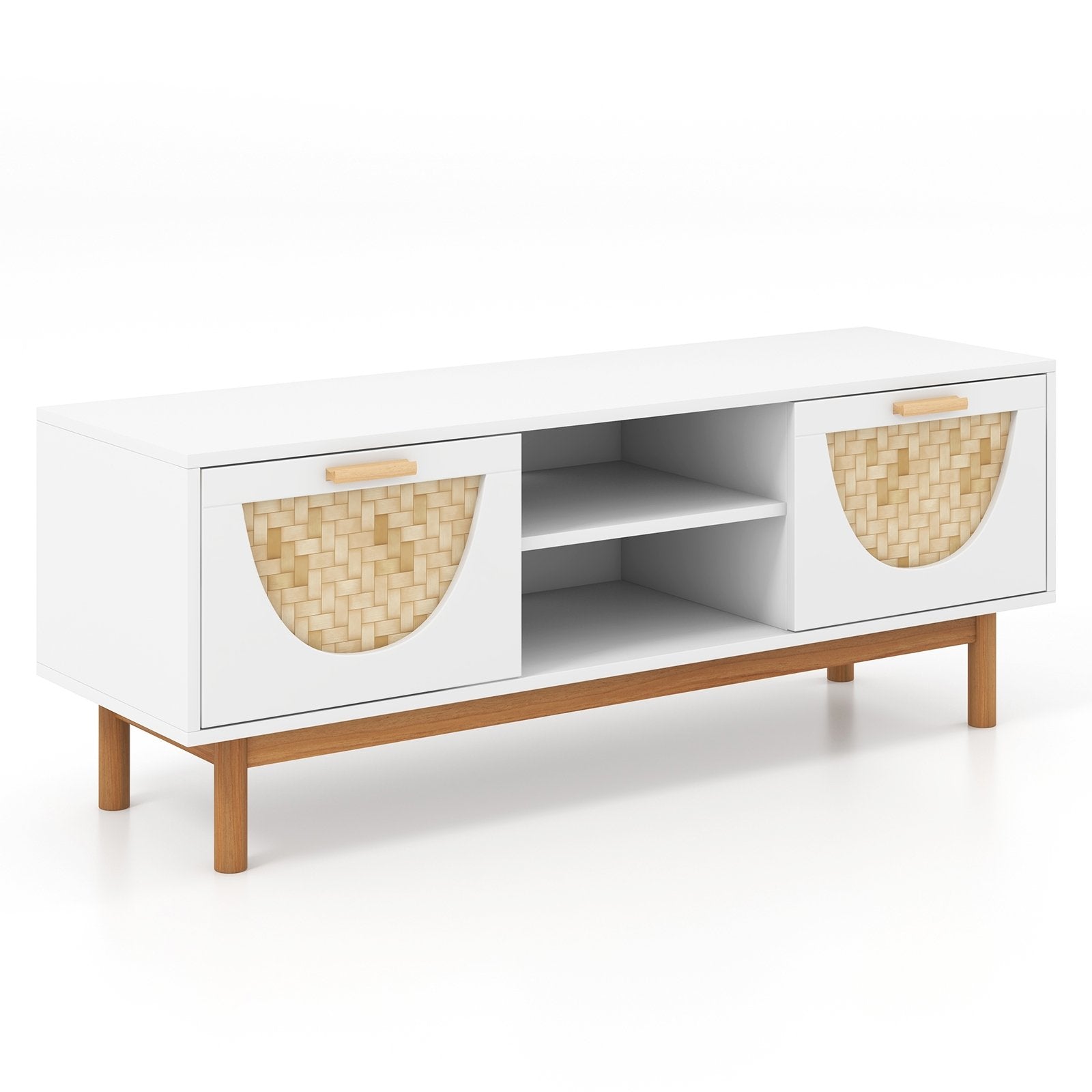 Mid Century Modern TV Stand Entertainment Center for 55-Inch TV with 2 Drawers and Bamboo Woven Fronts, White Entertainment Centers & TV Stands   at Gallery Canada