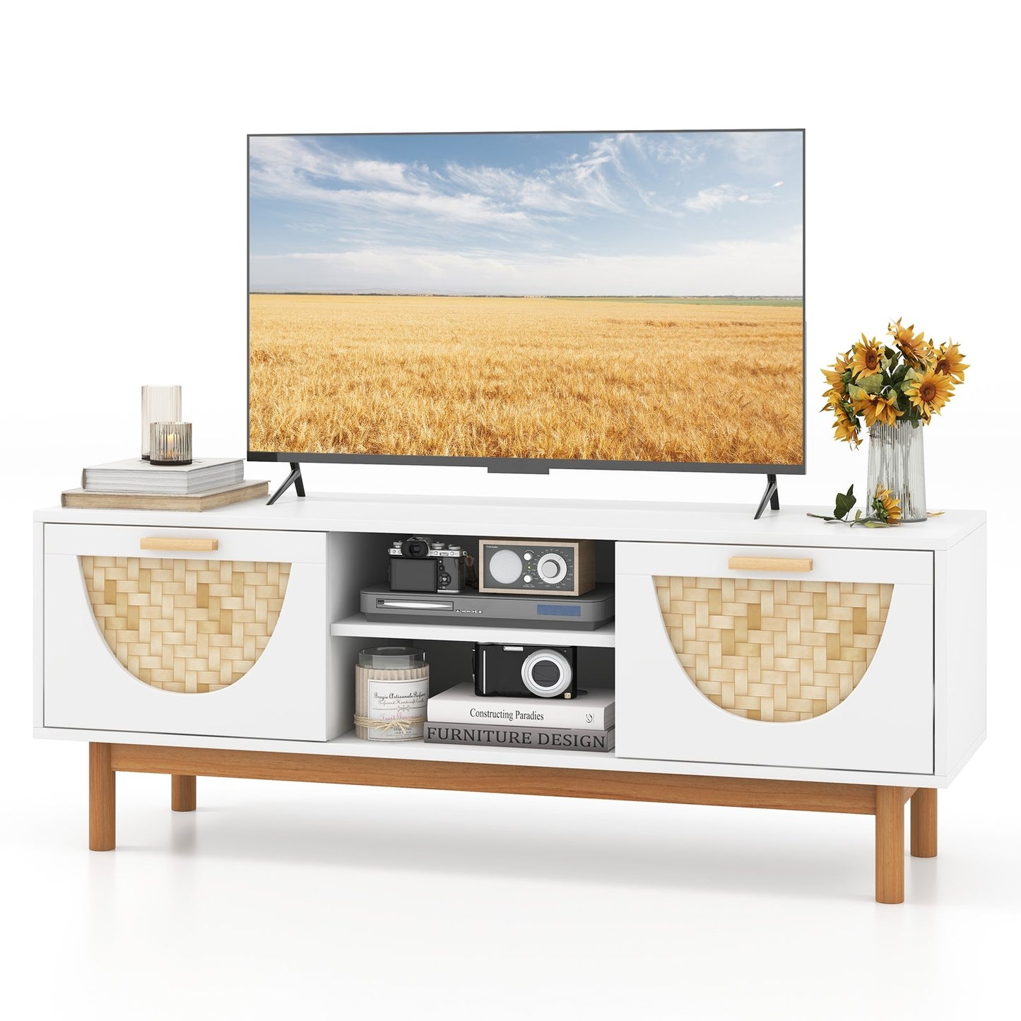 Mid Century Modern TV Stand Entertainment Center for 55-Inch TV with 2 Drawers and Bamboo Woven Fronts, White Entertainment Centers & TV Stands   at Gallery Canada