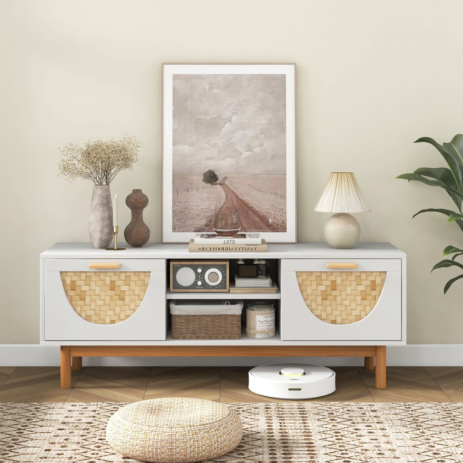 Mid Century Modern TV Stand Entertainment Center for 55-Inch TV with 2 Drawers and Bamboo Woven Fronts, White Entertainment Centers & TV Stands   at Gallery Canada