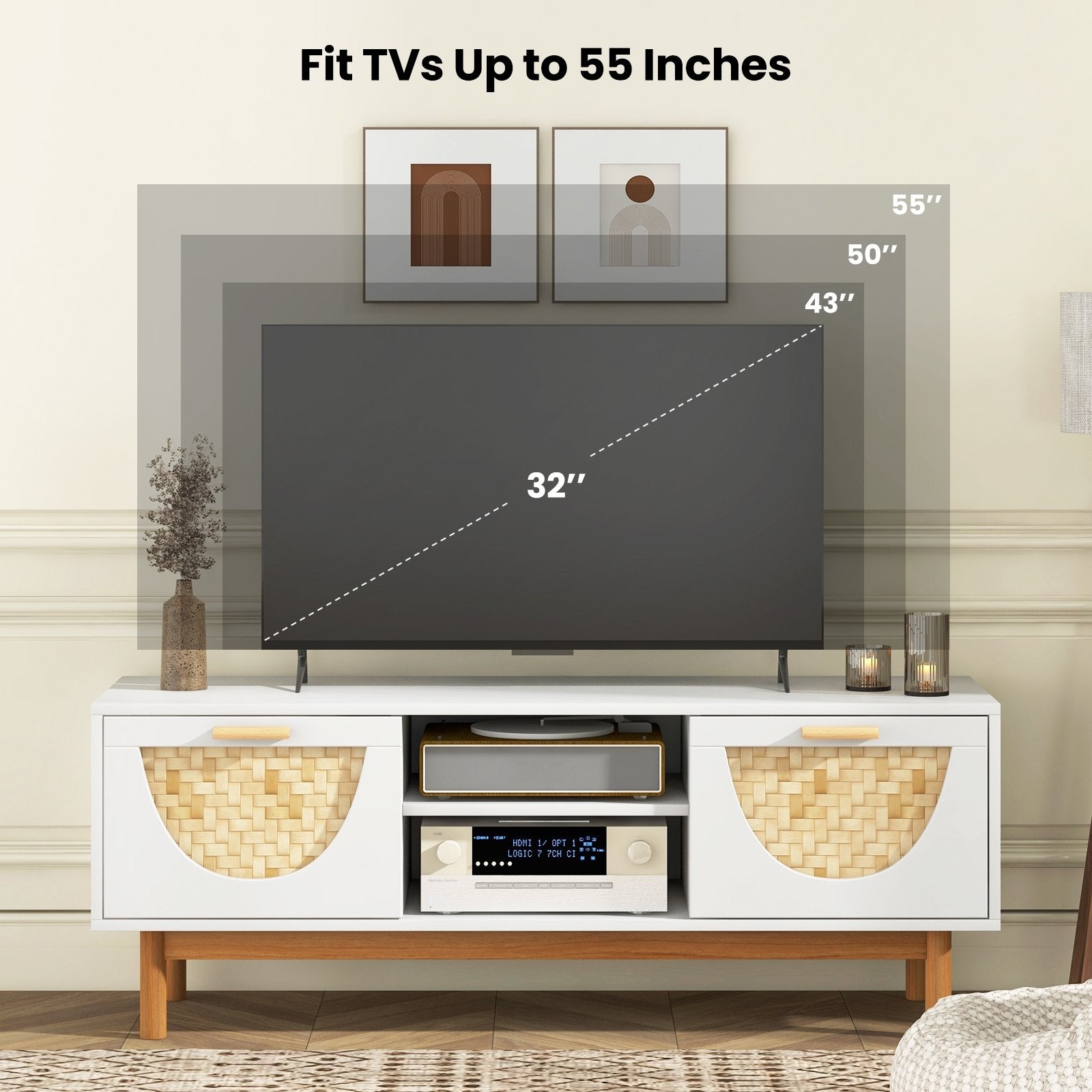 Mid Century Modern TV Stand Entertainment Center for 55-Inch TV with 2 Drawers and Bamboo Woven Fronts, White Entertainment Centers & TV Stands   at Gallery Canada