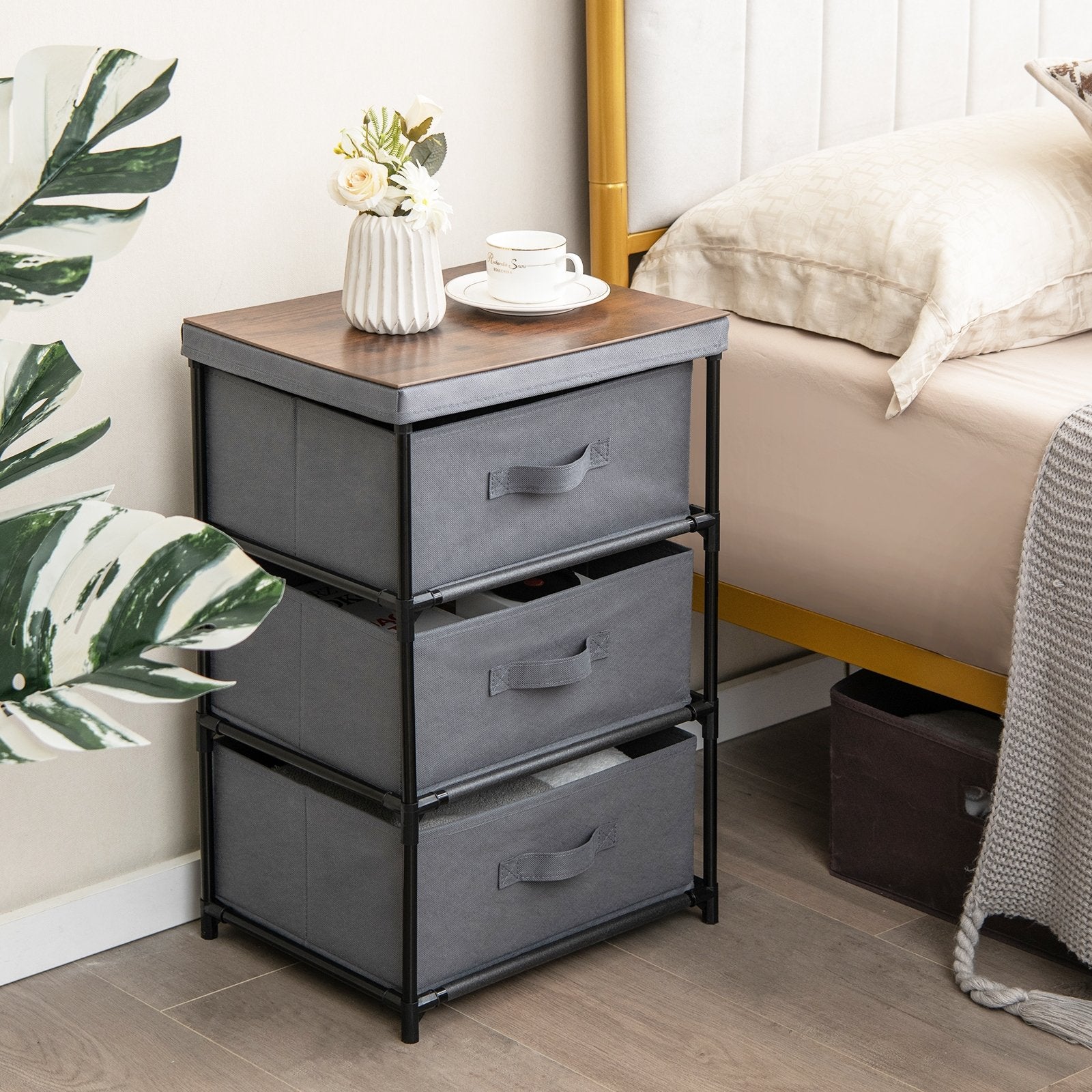 3-Tier Fabric Nightstand with Sturdy Metal Frame, Gray Nightstands   at Gallery Canada