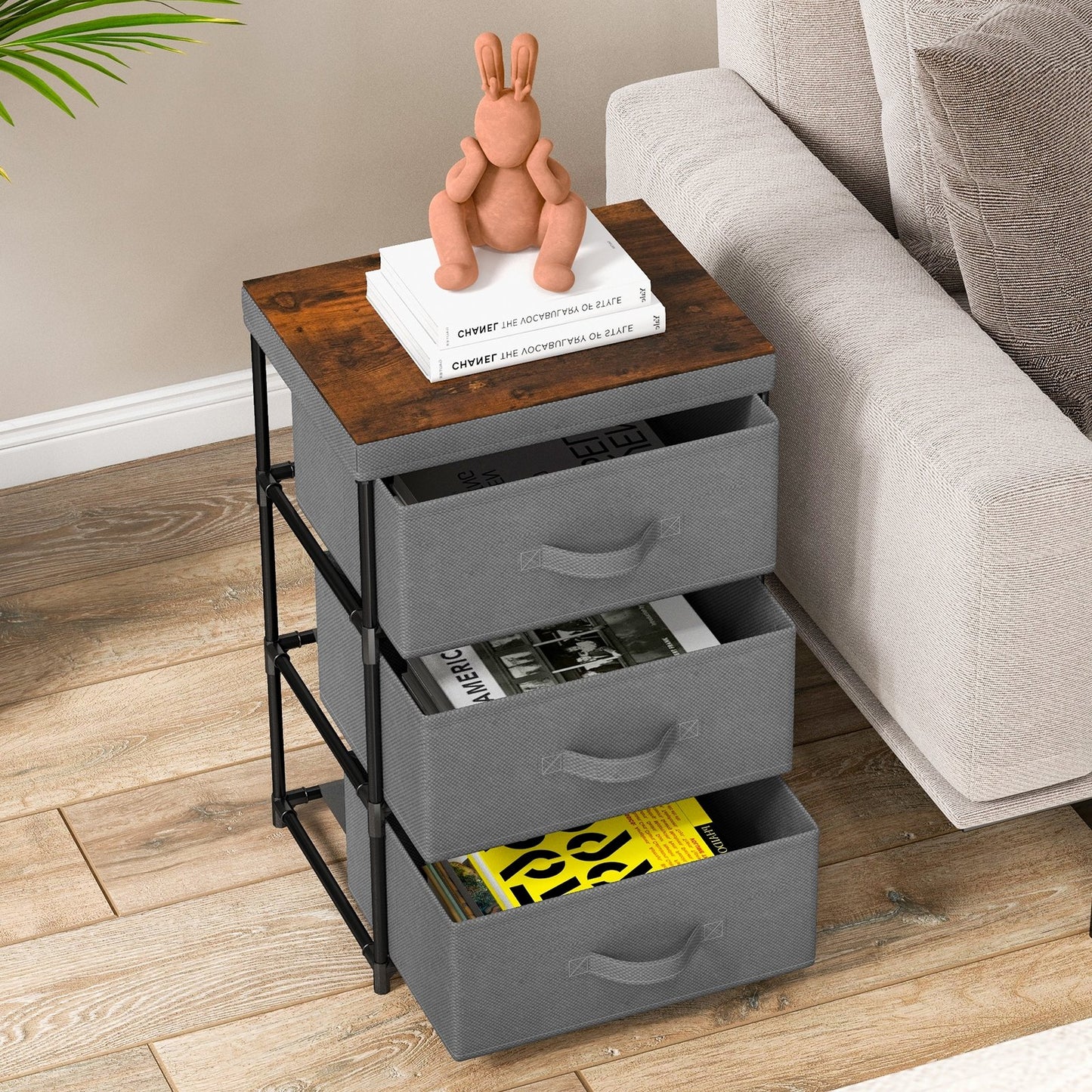 3-Tier Fabric Nightstand with Sturdy Metal Frame, Gray Nightstands   at Gallery Canada