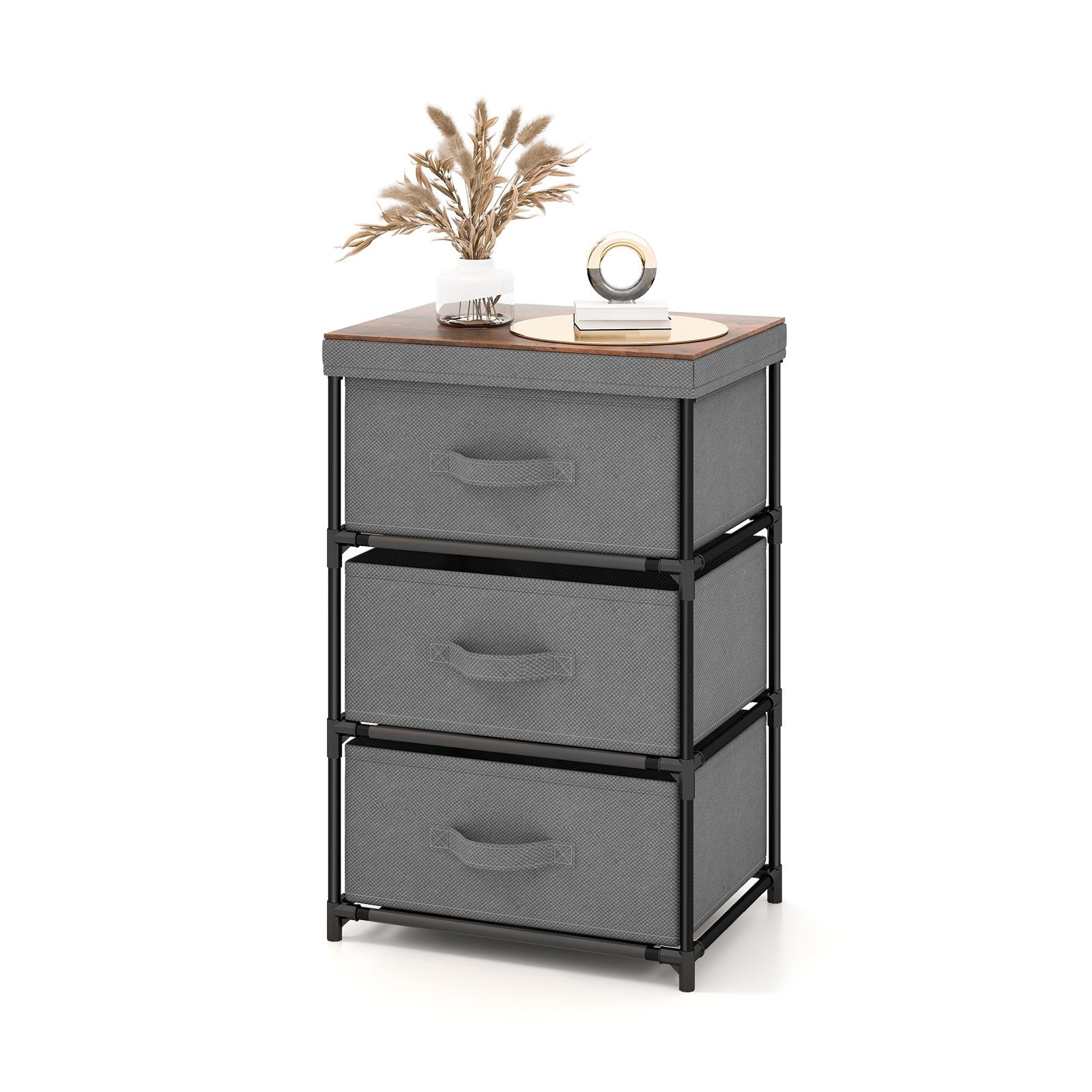 3-Tier Fabric Nightstand with Sturdy Metal Frame, Gray Nightstands   at Gallery Canada