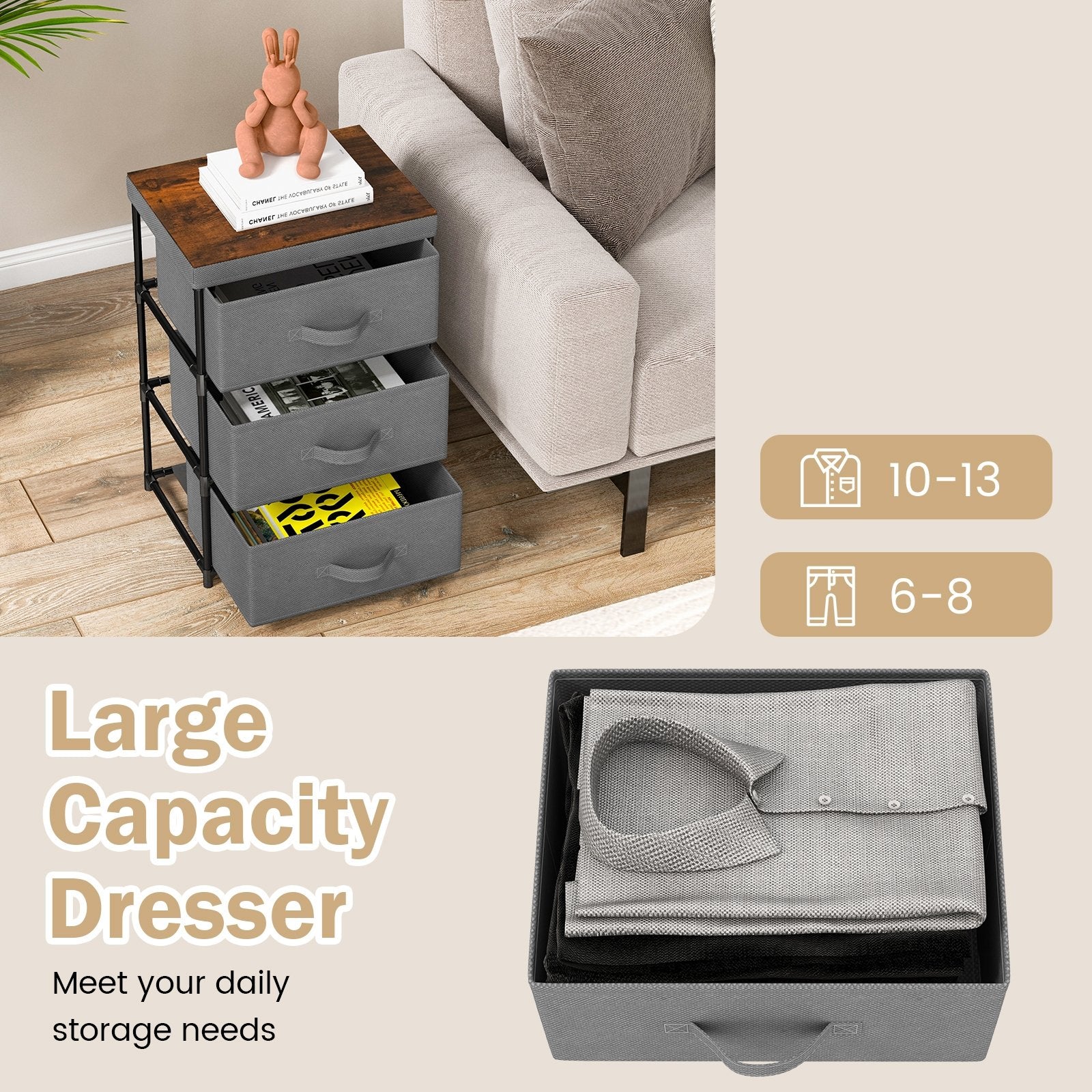 3-Tier Fabric Nightstand with Sturdy Metal Frame, Gray Nightstands   at Gallery Canada