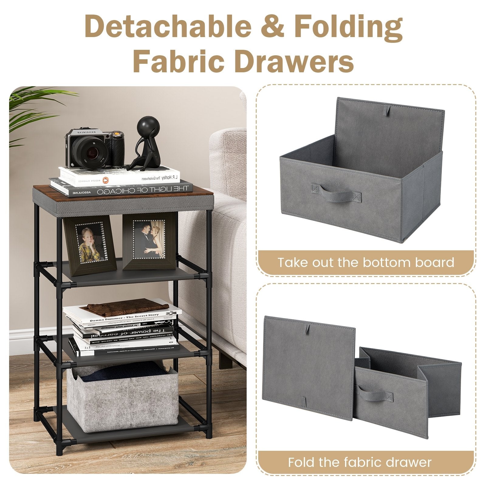 3-Tier Fabric Nightstand with Sturdy Metal Frame, Gray Nightstands   at Gallery Canada