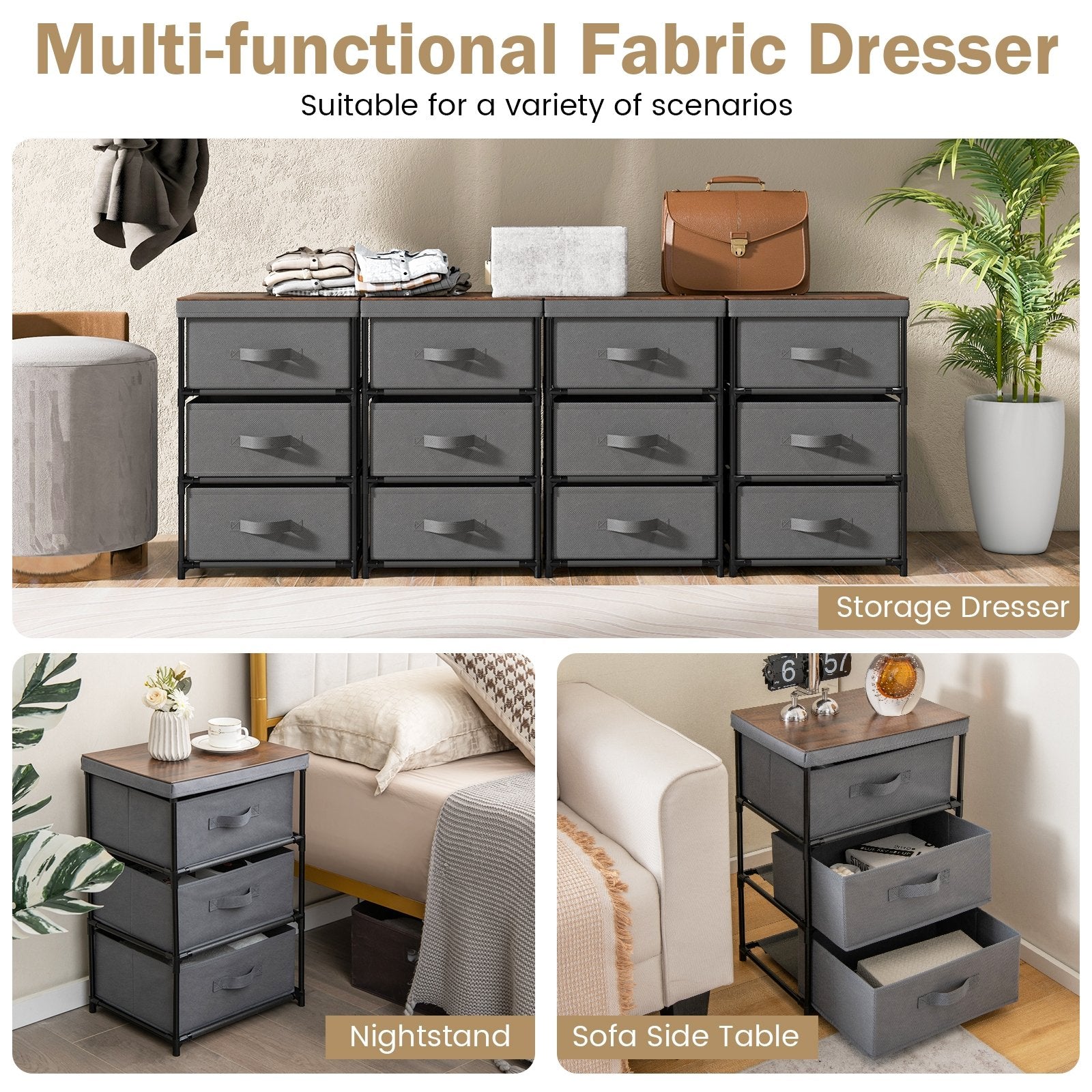 3-Tier Fabric Nightstand with Sturdy Metal Frame, Gray Nightstands   at Gallery Canada