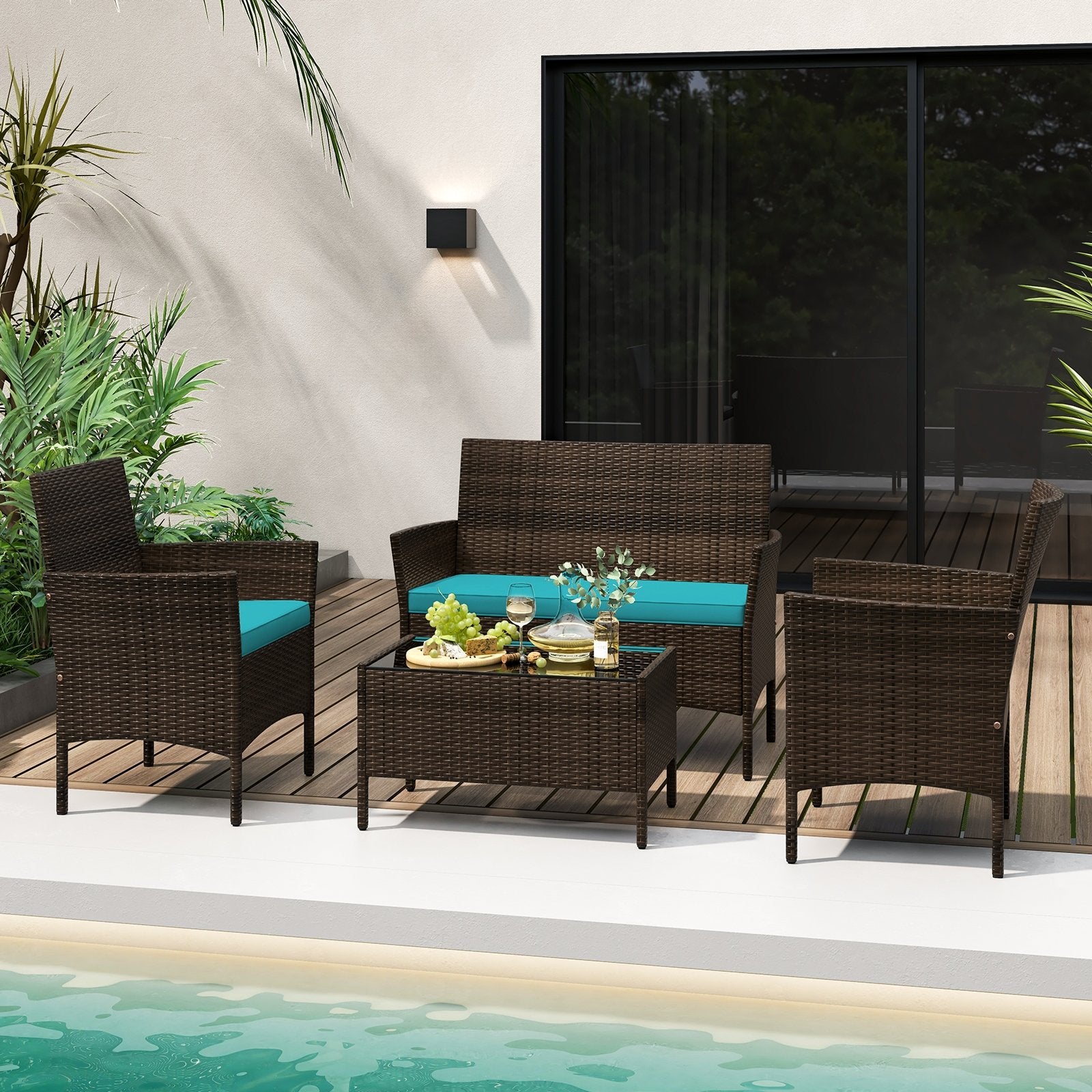 4 Piece Patio Rattan Conversation Set with Cozy Seat Cushions, Turquoise Patio Conversation Sets   at Gallery Canada