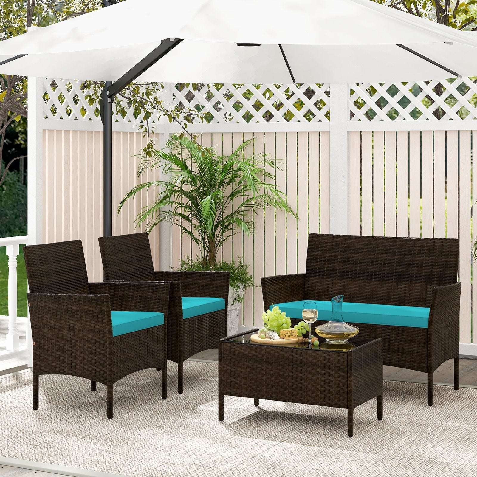 4 Piece Patio Rattan Conversation Set with Cozy Seat Cushions, Turquoise Patio Conversation Sets   at Gallery Canada